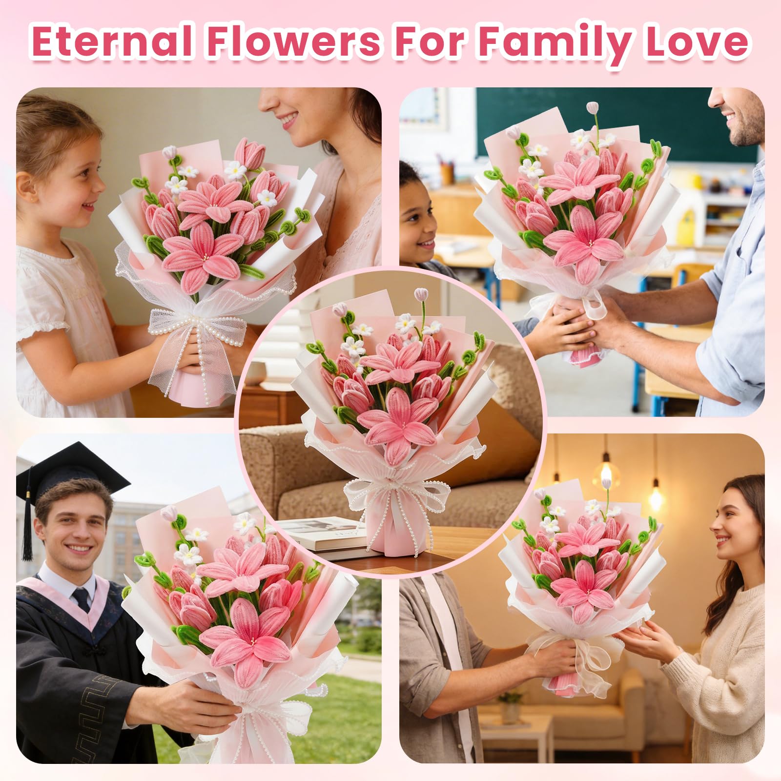 600 PCS Pipe Cleaners Craft, 6 Colors Pipe Cleaner Bulk Flower Kit, Chenille Stems Bulk with Floral Wires, Gardening Tape, Stamen, Wrapping Paper & Ribbon, DIY Art and Craft Supplies - Pink Gradient
