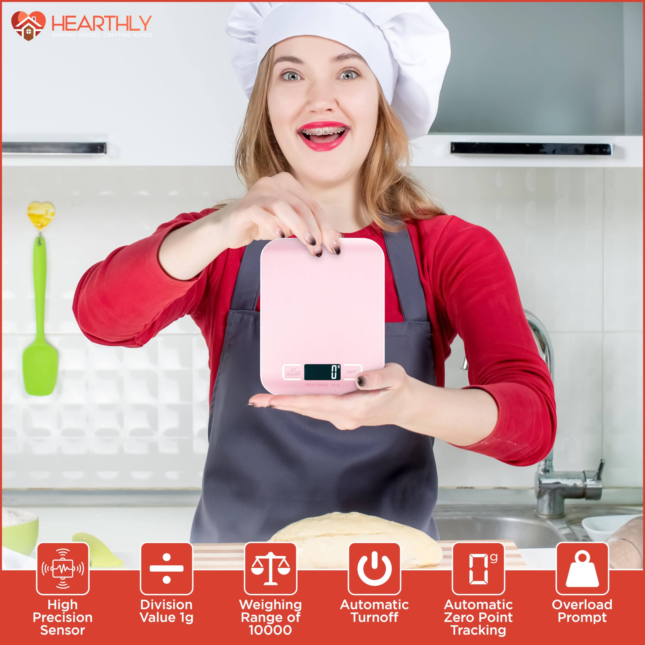22lb Digital Kitchen Scale - 304 Stainless Steel & Tempered Glass Food Scale - Food Weighing Scale with Digital Weight Grams and Ounces with Batteries Included (Pink)