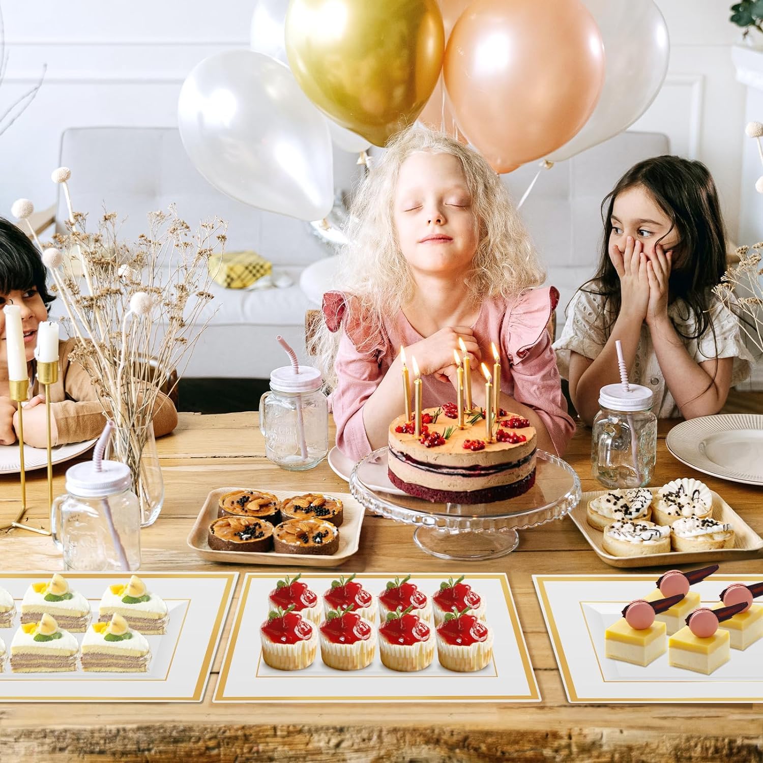 12 Pcs White Plastic Serving Trays with Gold Rim, 14''x9'' Rectangle Dessert Trays for Dessert Table, Disposable Platters Cookie Cupcake Gold Serving Tray for Birthday Party Wedding
