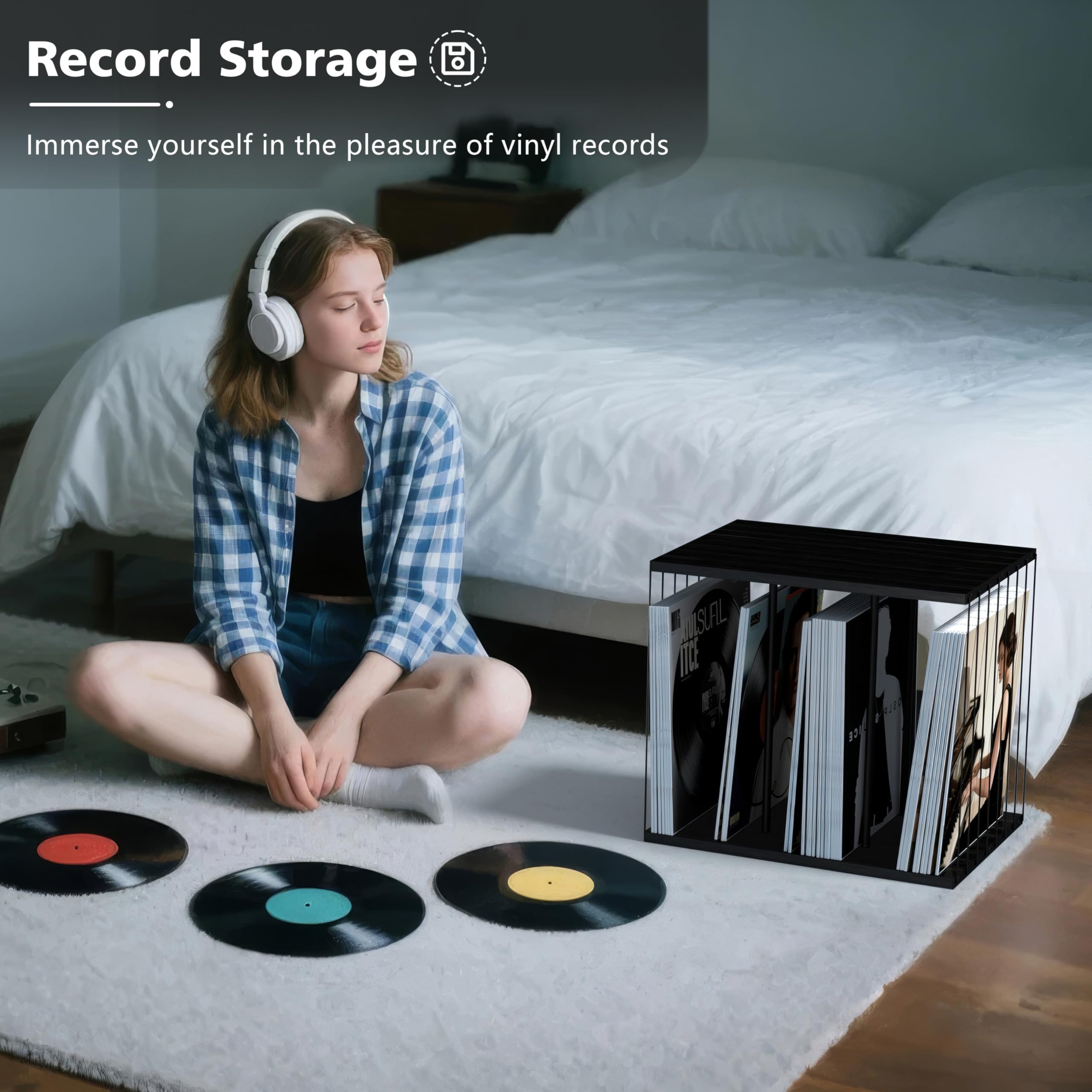 Emfogo Vinyl Record Storage, Metal & Wooden Vinyl Record Holder Up to 80 Album, 3-Compartment Record Player Stand for Magazine, Book, Files, Albums (Black)