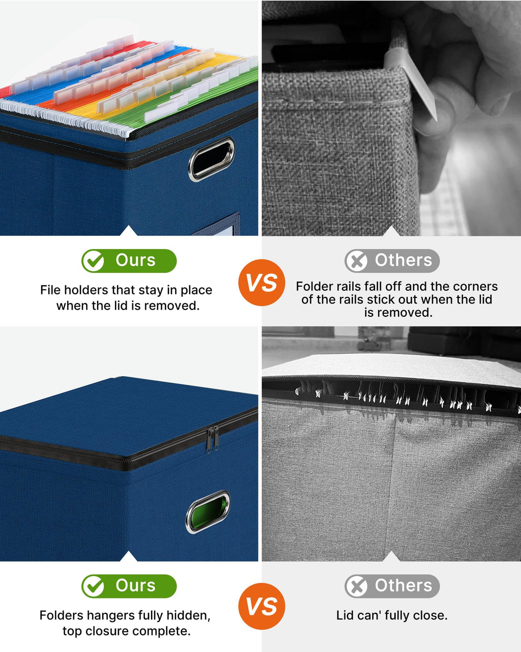 Oterri Zipper File Box with Lid, Letter Size File Organizer with Mesh Pockets, Portable Filing Box with Handle, Zippers Document Organizer Storage Box for Office/Home/School (1 Pcs, Dark Blue)