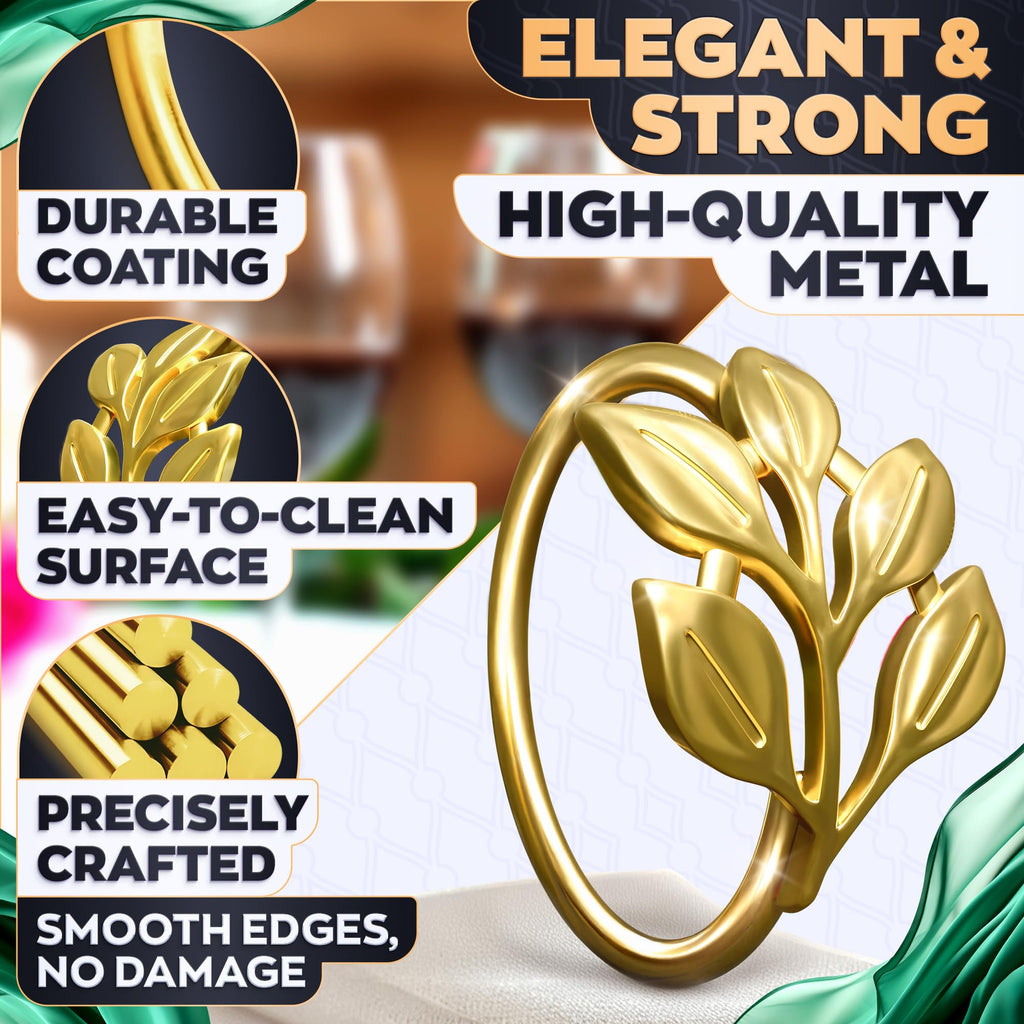 Gold Napkin Rings Set of 20 - Easter Napkin Rings Fits Various Napkin Styles, Reusable Elegant Gold Leaf Design for Dinner Parties, Special Events, Holidays & Easter Table Decor, Great Gifts for Hosts