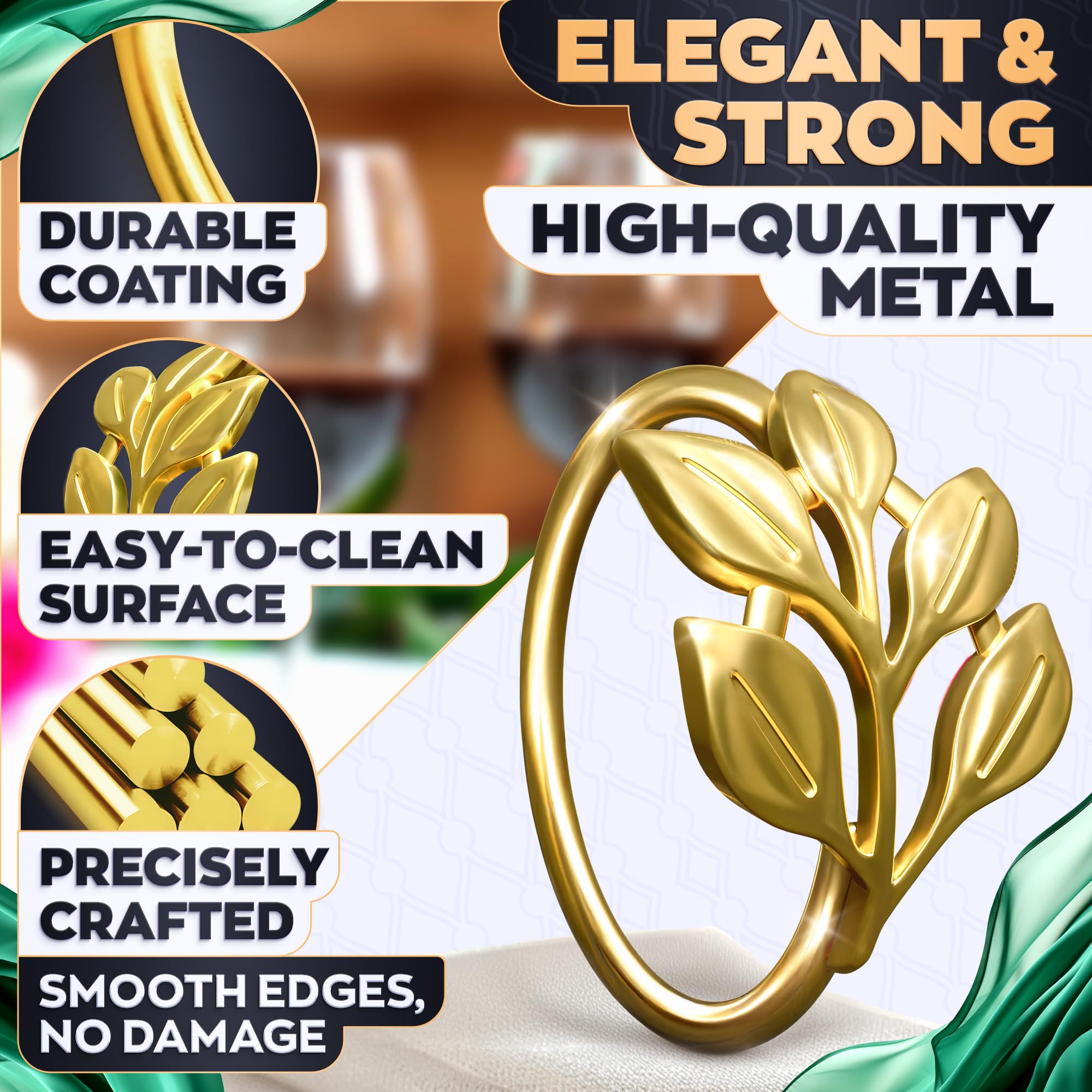 Gold Napkin Rings Set of 20 - Easter Napkin Rings Fits Various Napkin Styles, Reusable Elegant Gold Leaf Design for Dinner Parties, Special Events, Holidays & Easter Table Decor, Great Gifts for Hosts