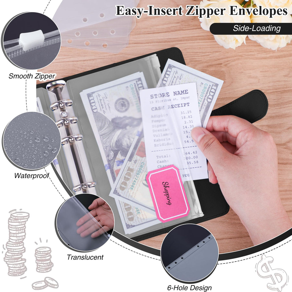 Antner Budget Binder with Zipper Cash Envelopes for Budgeting, A6 Money Saving Organizer, Black