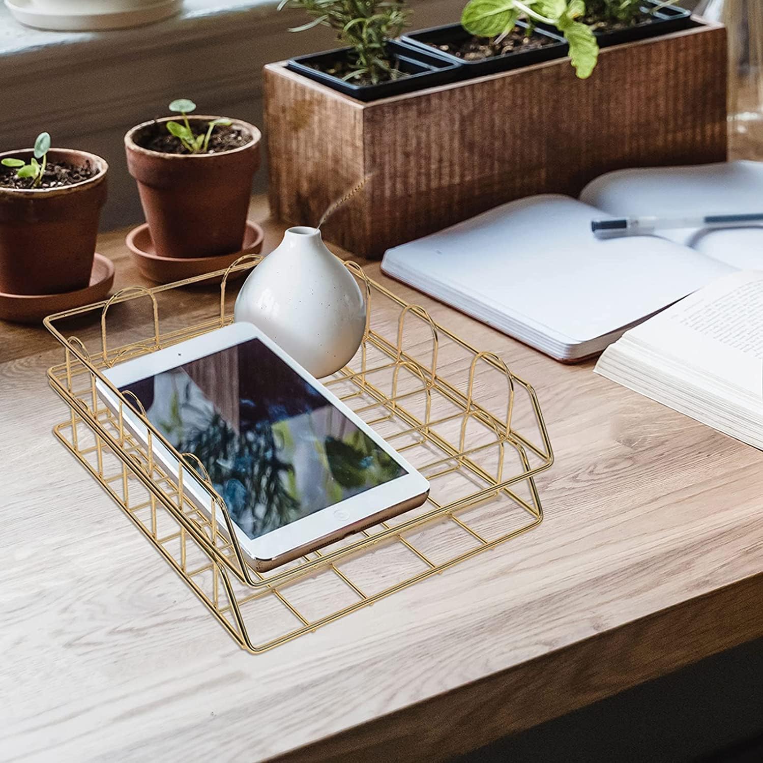 BUDOME Metal Letter Tray, 2 Tier Desk Organizers, Stackable Paper Tray, Desk File Folders Organizer, Document Holder, Magazine Storage for School Home Office Supplies Storage (Golden)