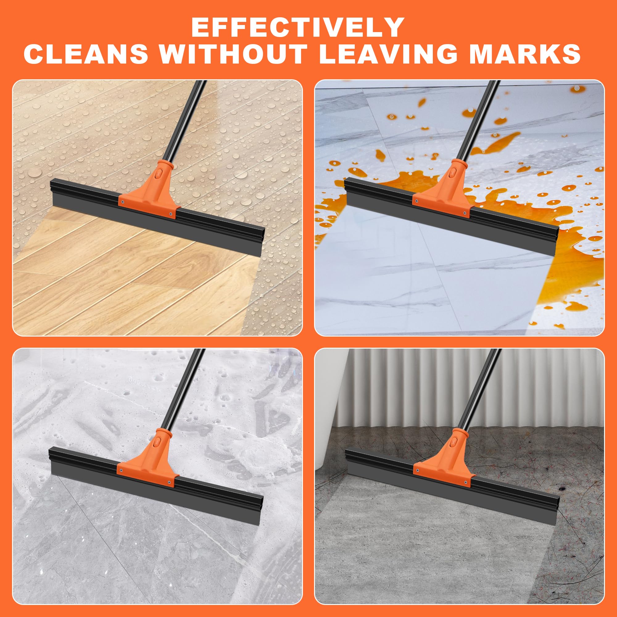 JEHONN Floor Squeegee Heavy Duty with 58.3 inches Long Handle, Rubber Scraper Broom for Cleaning Foam Water on Garage Concrete Bathroom Tile Marble Shower Glass Shop Deck Window Indoor Outdoor