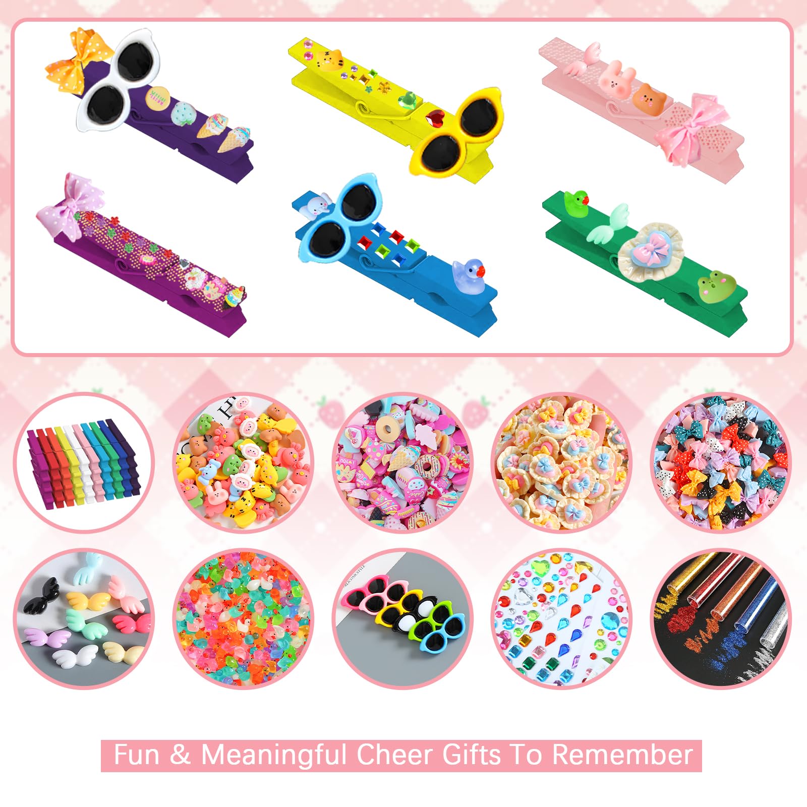 50 Set Cheer Pins Spirit Clips, CNYMANY Wooden Clothespins for Backpacks Decorations Includes Mini DIY Resin Duck Glasses Colored Beads Bows for Cheer Team Gifts