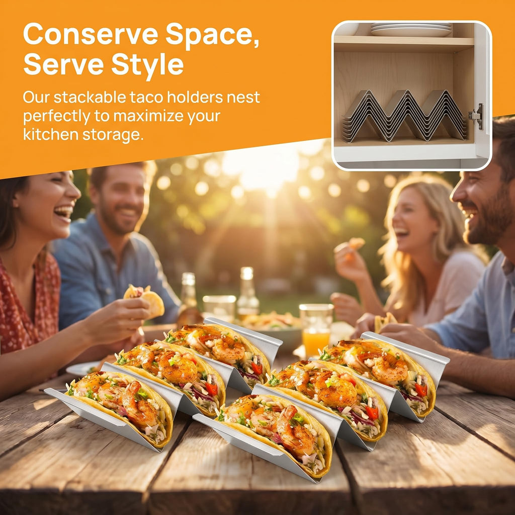 Bekith Stainless Steel Taco Holder Stand 6 Pack, Taco Holder Stand Tray with Handles, Up to 3 Tacos Each Keeping Shells Upright, Stylish Taco Shell Holders, Oven, Grill and Dishwasher Safe