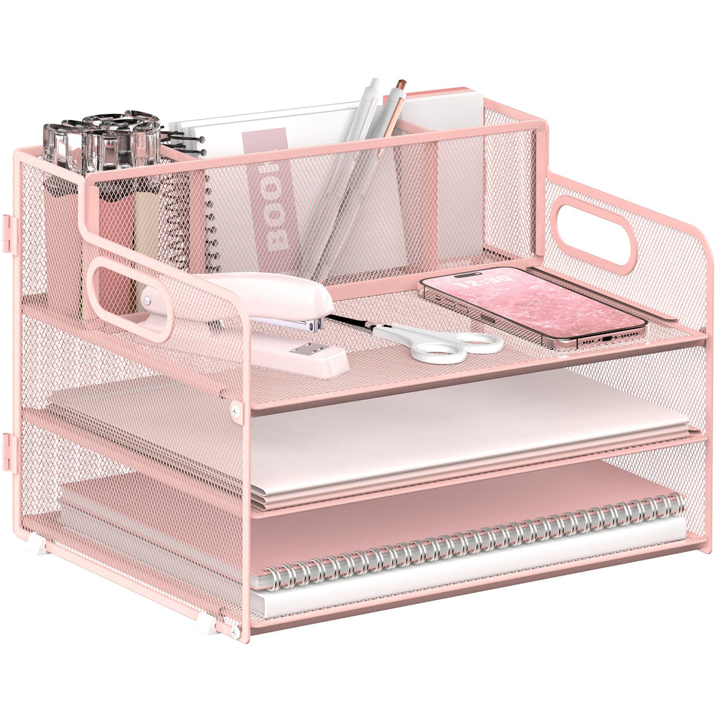 JMHUD 3-Tier Paper Letter Tray Organizer with Pen Holder, Mesh Desk Accessories & Workspace Organizers with Handle, File Sorter Office Supplies for Desk,Pink
