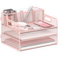 JMHUD 3-Tier Paper Letter Tray Organizer with Pen Holder, Mesh Desk Accessories & Workspace Organizers with Handle, File Sorter Office Supplies for Desk,Pink