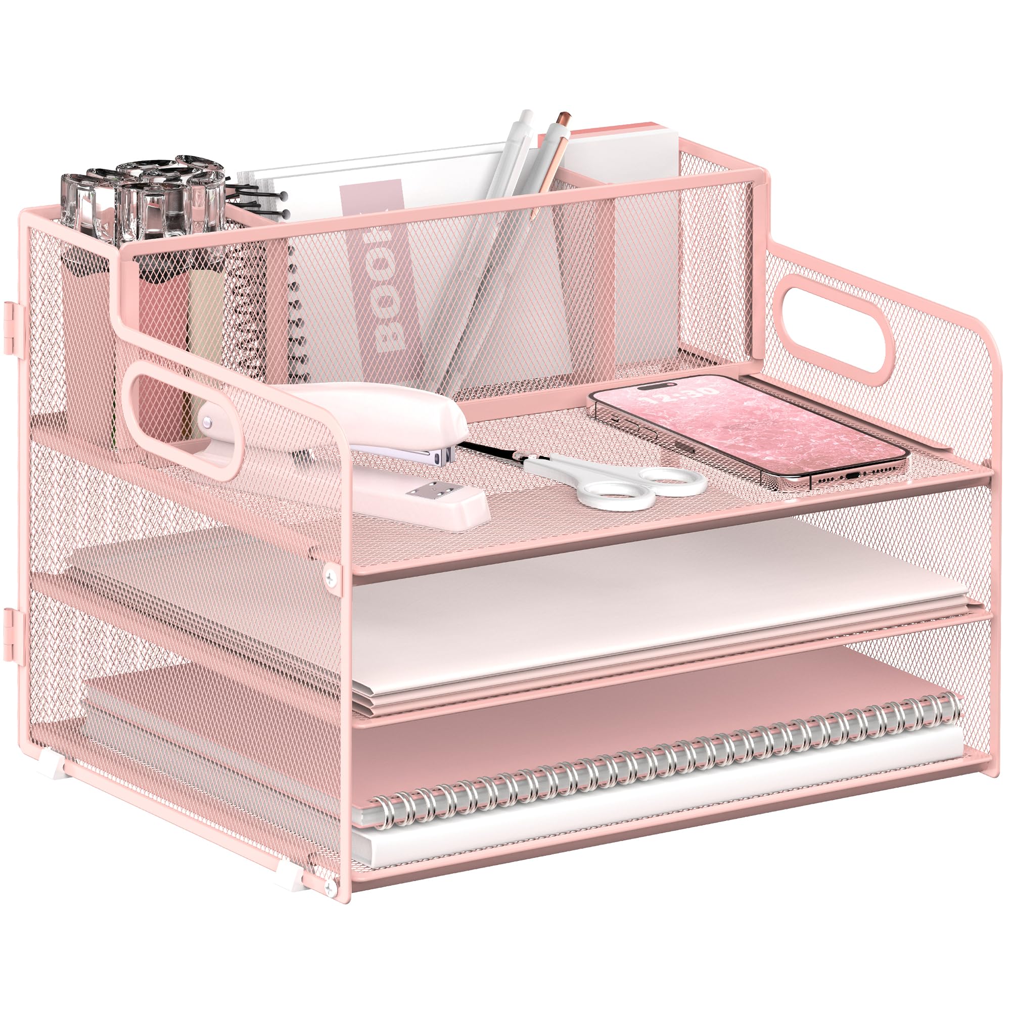 JMHUD 3-Tier Paper Letter Tray Organizer with Pen Holder, Mesh Desk Accessories & Workspace Organizers with Handle, File Sorter Office Supplies for Desk,Pink