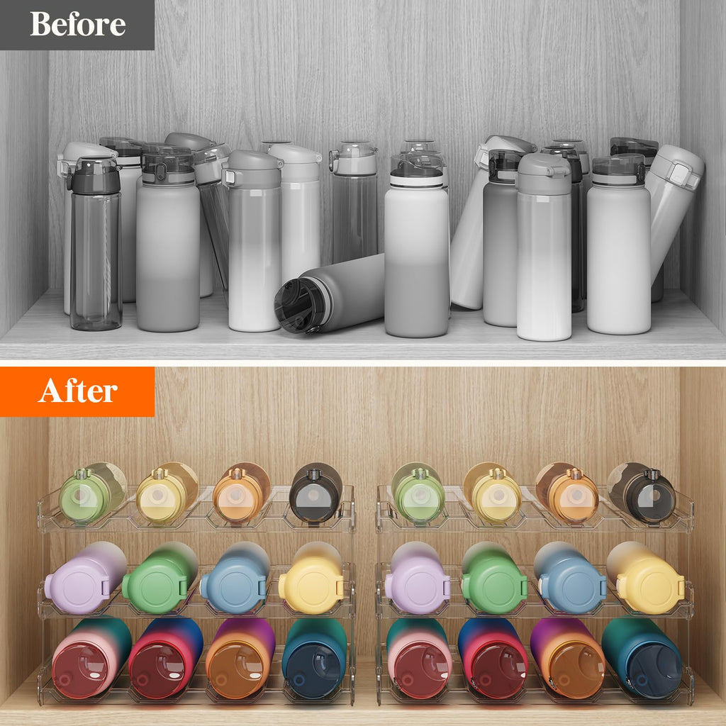 Lifewit Stackable Water Bottle Organizer for Cabinet, Pantry - Plastic Cup Holder, Kitchen Storage Accessories, Wine Racks for Kitchen Tabletop Storage, Cupboard, Office - 3 Pack, Hold 12 Bottles