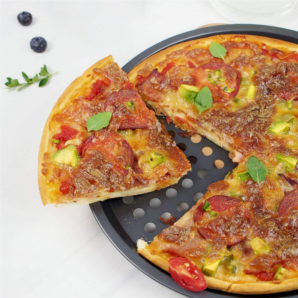 Bekith 3 Pack Pizza Crisper Trays with Holes, 12.5 inch Round Non-Stick Crisper Carbon Steel Perforated Tray for Home Kitchen, Black