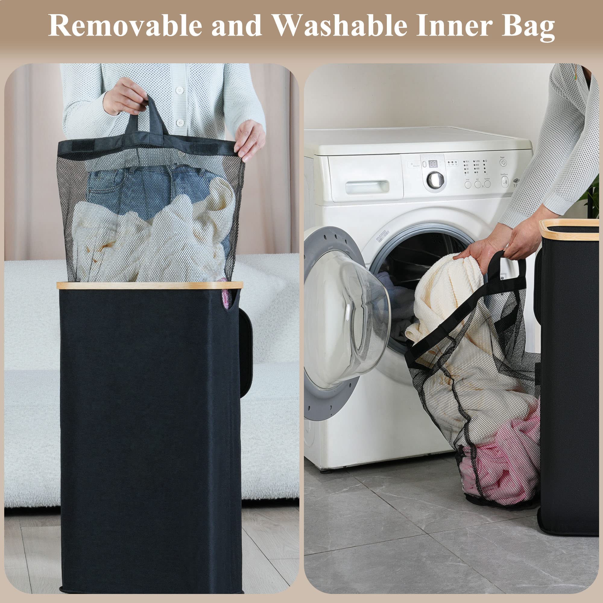 Laundry Hamper with Lid - Waterproof Freestanding Laundry Basket with Removable Liner Bag, Collapsible 110L Large Clothes Storage Laundry Bin with Easy Carry Bamboo Handle for Clothes Toys Organizer