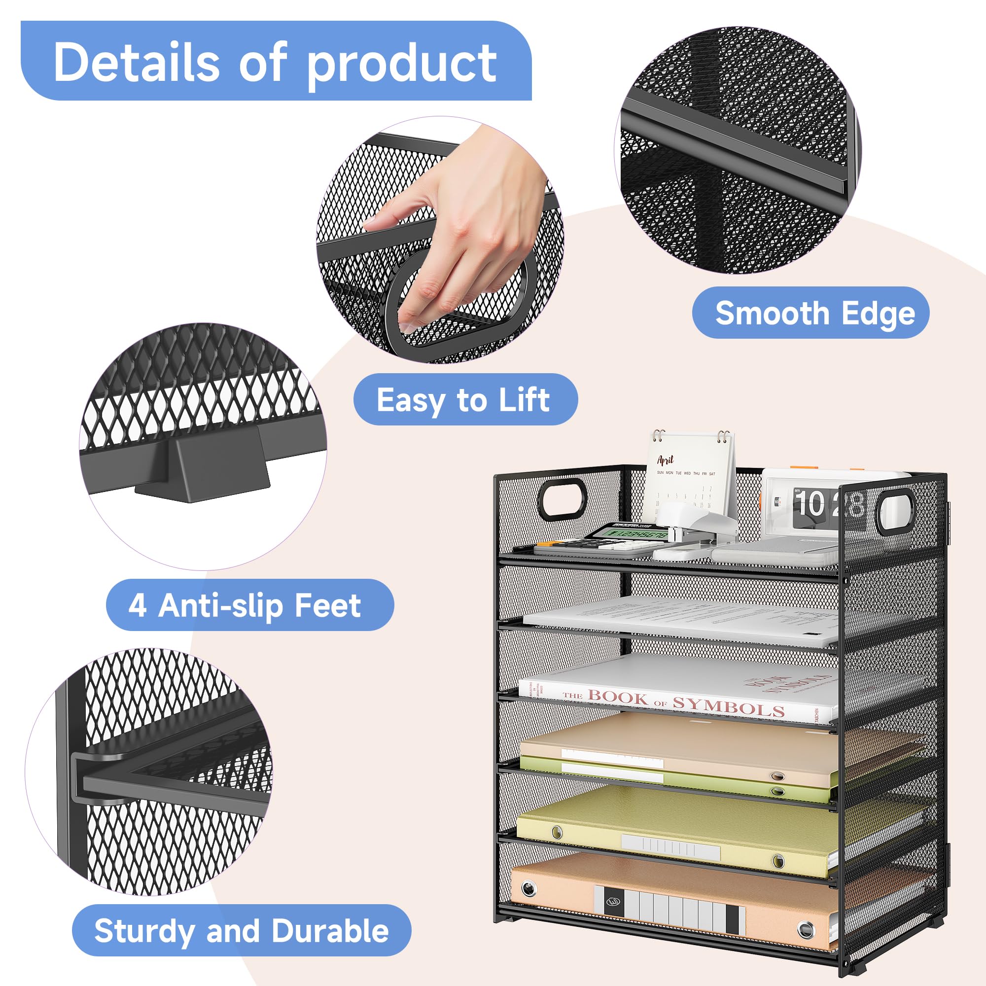 Marbrasse 6 Tier Desk Organizer, File Organizer with Handle, Mesh A4 Paper Organizer, Letter Tray for Office, Home or School (Black)