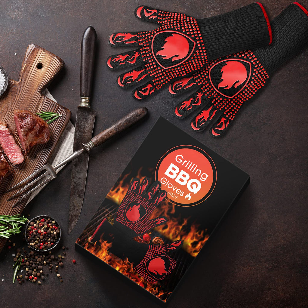 BBQ Gloves, Heat Resistant Oven Mitts Grilling Gloves - 1472℉ Extreme Heat Resistant, Oven Gloves Silicone - Cooking Gloves for Grilling, BBQ, Baking, Welding (A Pair)