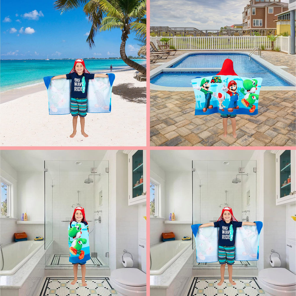 Franco Kids Bath and Beach Super Soft Cotton Hooded Towel Wrap, 24 in x 50 in, Super Mario