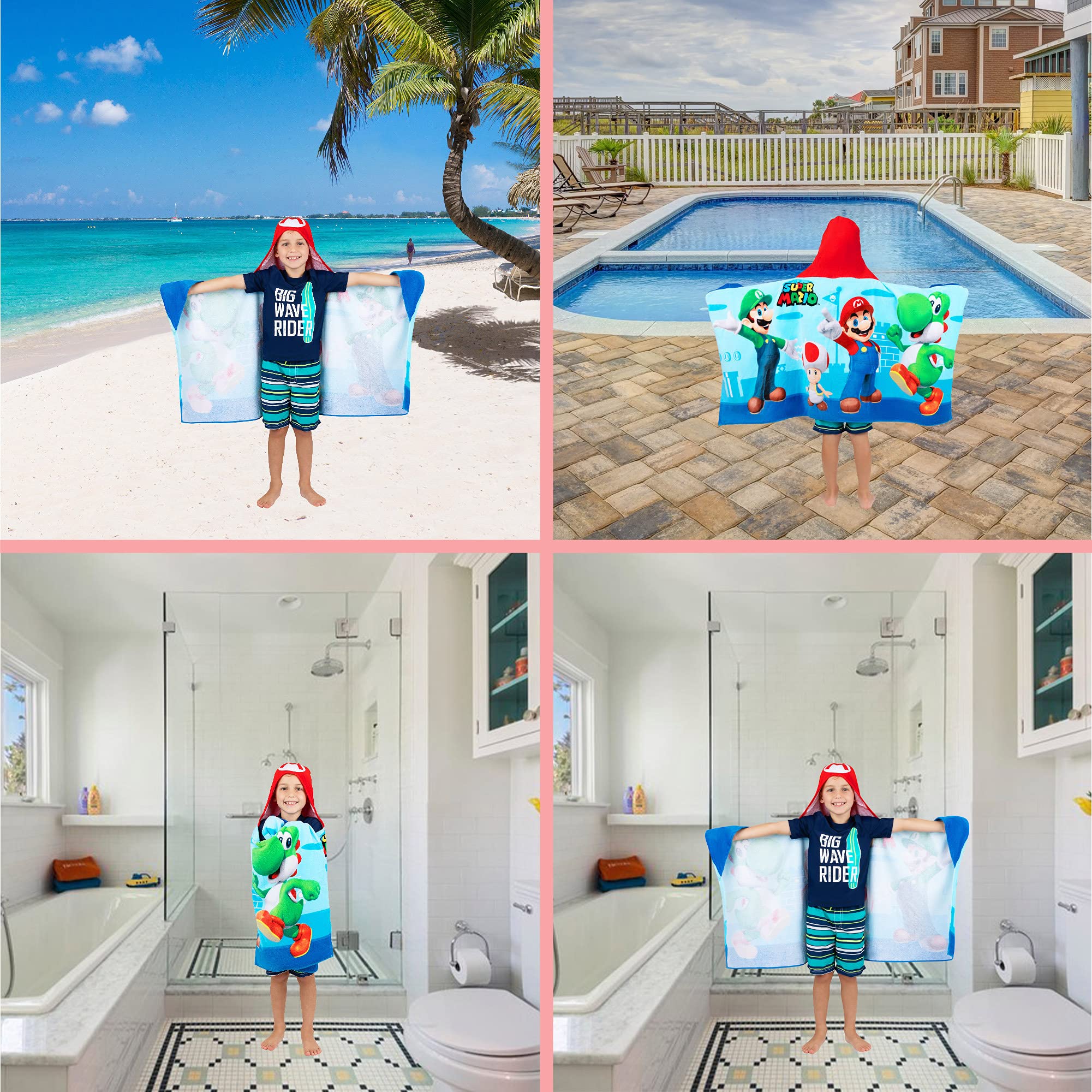 Franco Kids Bath and Beach Super Soft Cotton Hooded Towel Wrap, 24 in x 50 in, Super Mario