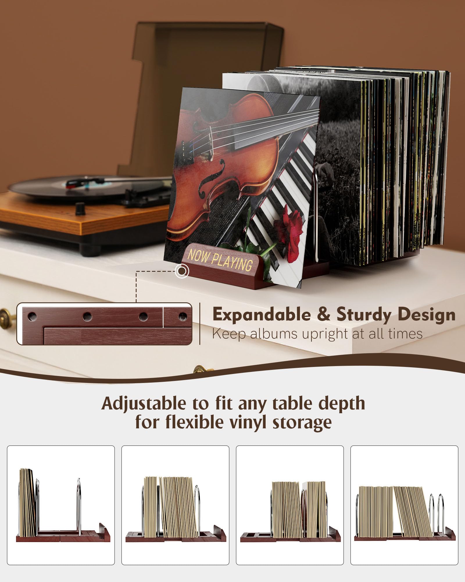 HULISEN Expandable Vinyl Record Storage, 30-70 LPs Adjustable Now Playing Record Holder for Albums, Wood Now Spinning Vinyl Record Stand Display Rack Organizer, Gift Package, Effortless Assembly