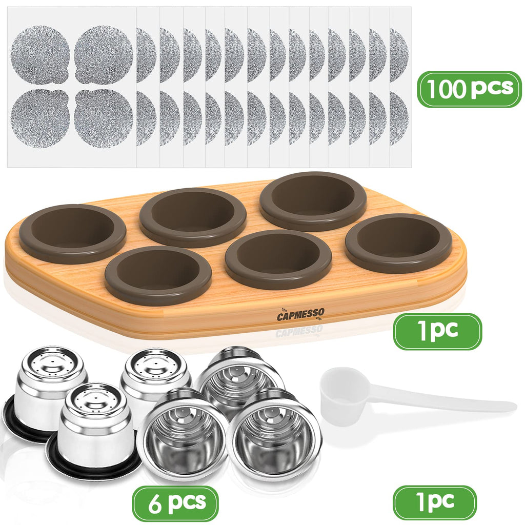 CAPMESSO Reusable Capsules for Nespresso OriginalLine, 6pcs Nespresso Refillable Pods Stainless Steel Coffee Pods Compatible with Nespresso OriginalLine Machine (6 Pods + 100 Lids + Wood Storage Tray)