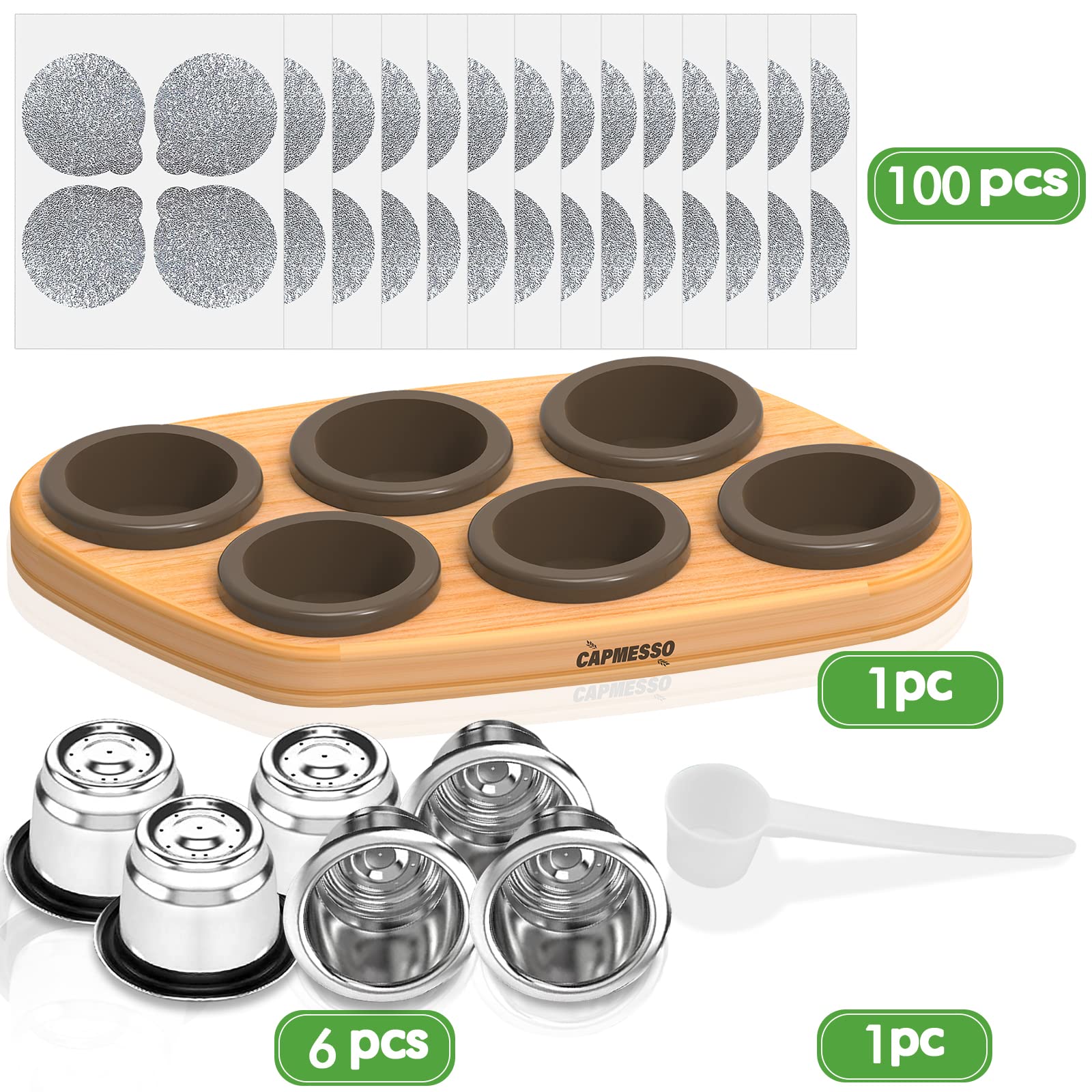 CAPMESSO Reusable Capsules for Nespresso OriginalLine, 6pcs Nespresso Refillable Pods Stainless Steel Coffee Pods Compatible with Nespresso OriginalLine Machine (6 Pods + 100 Lids + Wood Storage Tray)