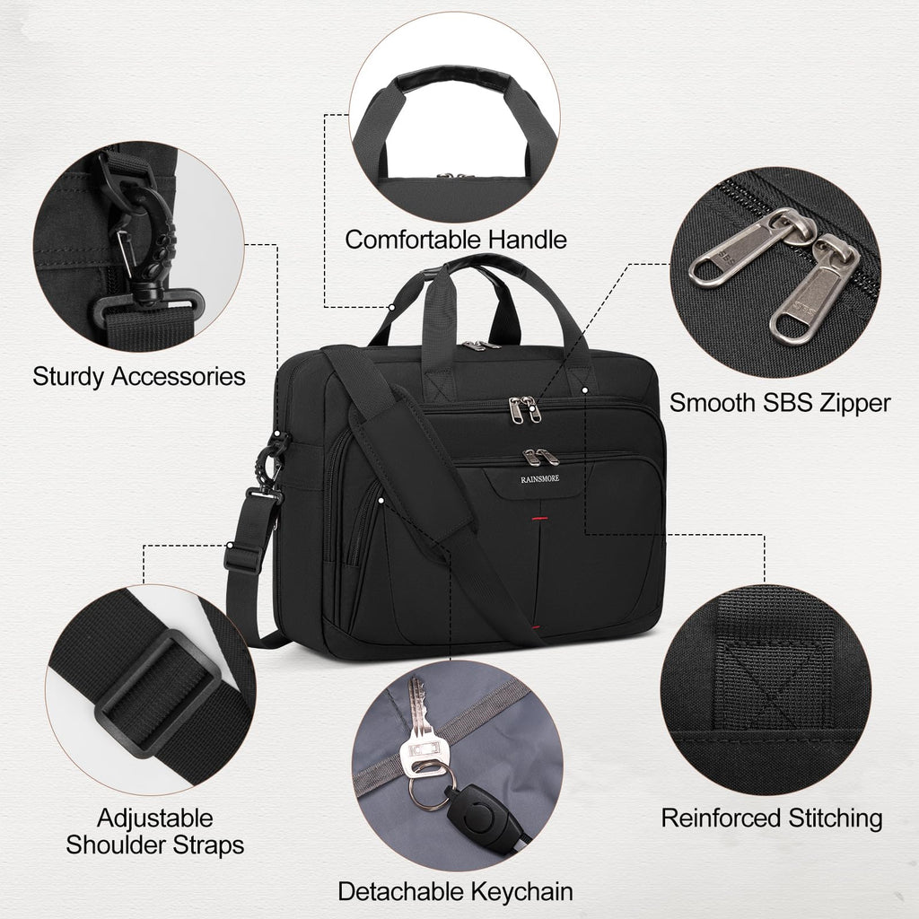 RAINSMORE 17.3 Inch Laptop Bag Expandable Briefcase for Men Large Water-Resistant Computer Messenger Bag Laptop Carrying Case for Work, Office, Travel, Black
