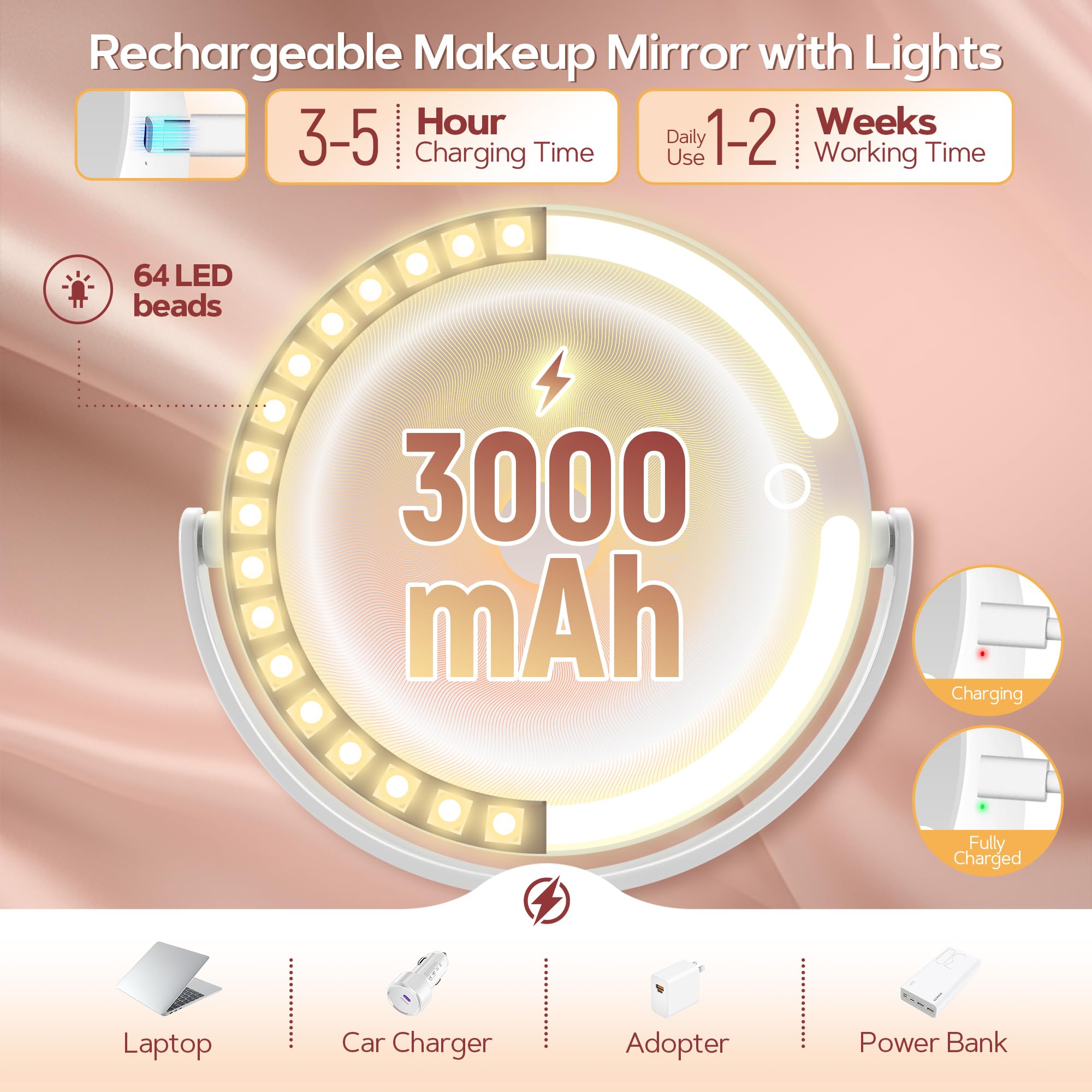 B Beauty Planet Makeup Mirror with Lights, Lighted Magnifying Mirror 30X with 3 Lighting and Adjustable Brightness, 2-Sided Height Adjustable Vanity Mirror for Bathroom, Women Gifts for Mom