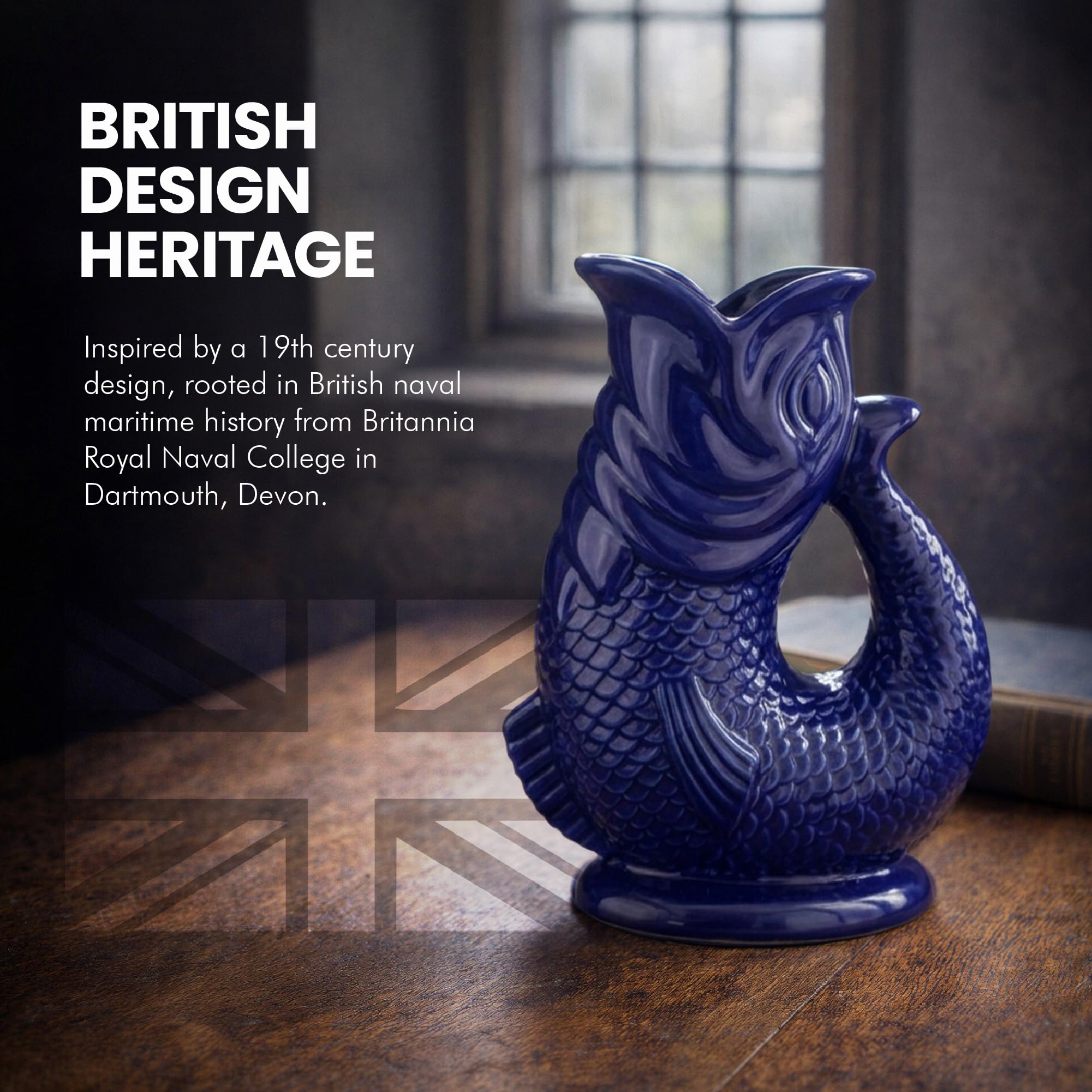 Glug Jug The Bubble Jug® Dark Cobalt Blue 50 fl oz 1.5L Litre Extra Large Gurgle Pitcher Jug Fish Shaped Decorative Ceramic Glugging Cocktail, Water and Gin Jug and Gurgling Carafe Pot