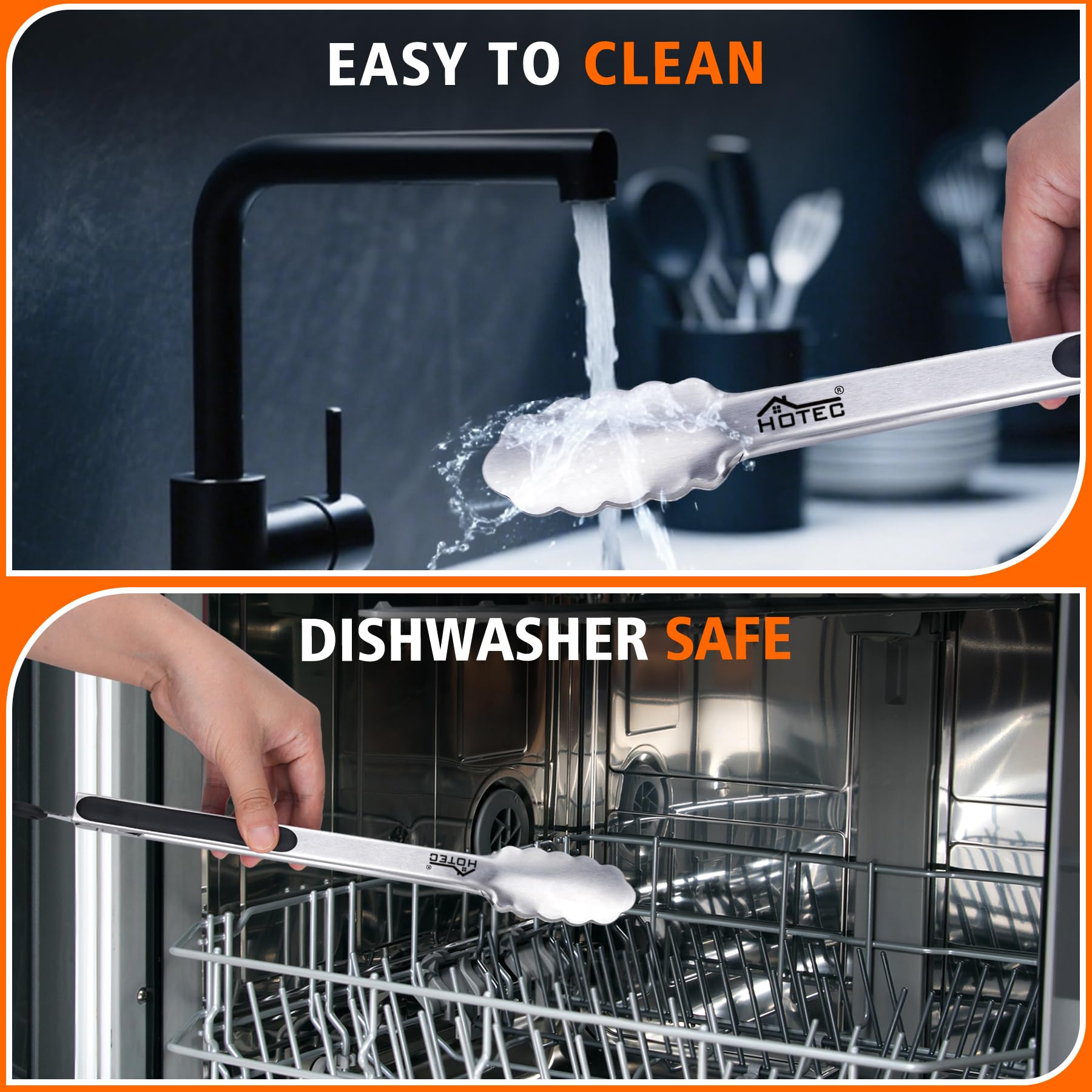 Hotec Stainless Steel Kitchen Tongs Set of 2-9" and 12", Locking Metal Food Tongs Non-Slip Grip