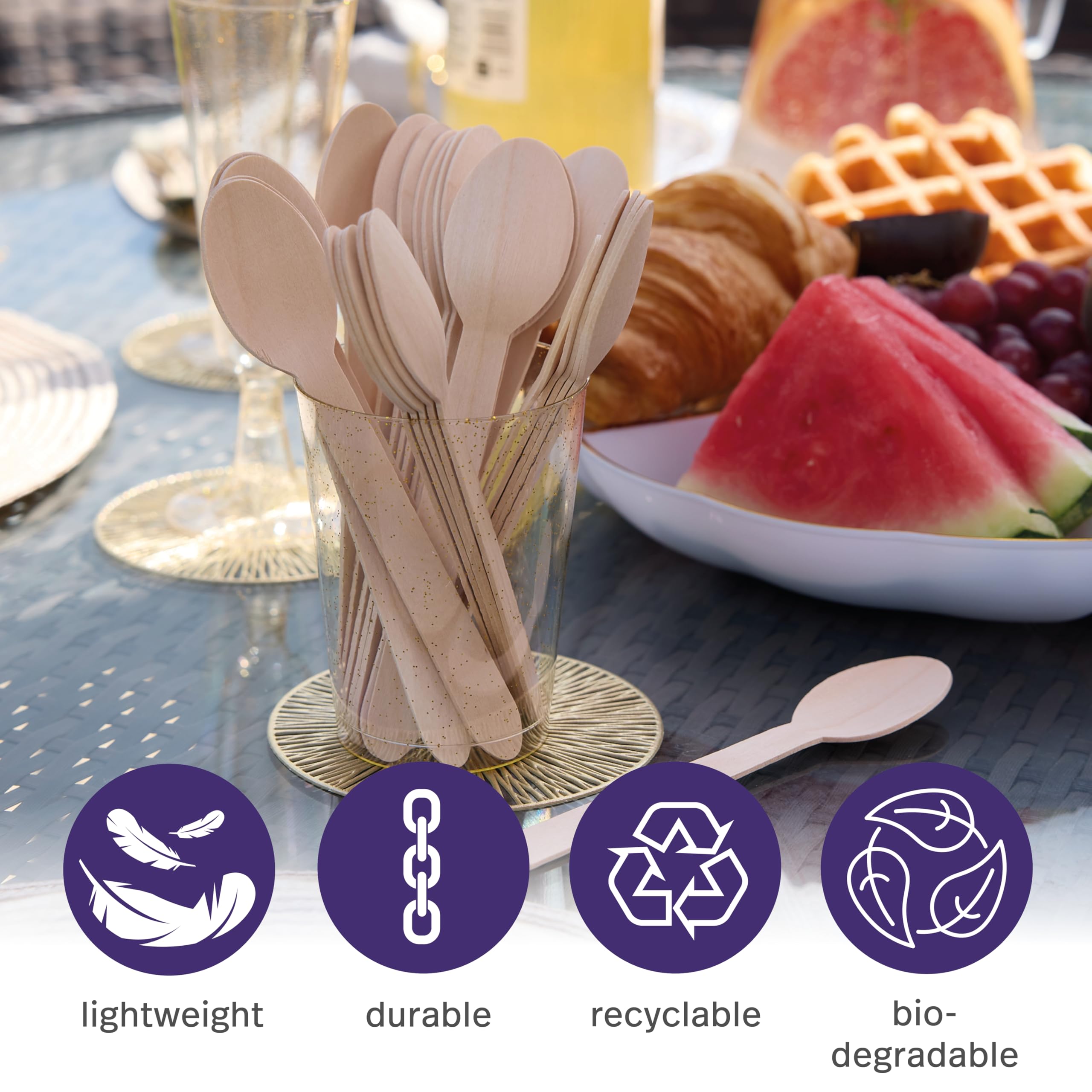 MATANA 100% Natural Bamboo Wooden Spoons 5.5" Inch/ 14cm (200 Pack) Compostable Cutlery, Biodegradable Utensils for Garden Party, Summer Events, Catering, Takeaway