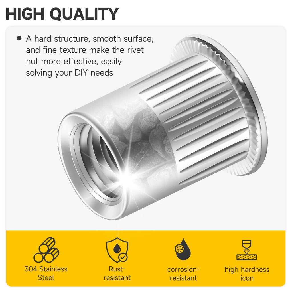 Mywish 100Pcs 1/4-20 Rivet Nuts Hardware Nuts, 304 Stainless Steel Flat Head RIV Nuts, 1/4 20 Nut Threaded Inserts Rivnuts for Wood & Metal, 1/4 UNC Rivnuts Rivets Nutsert