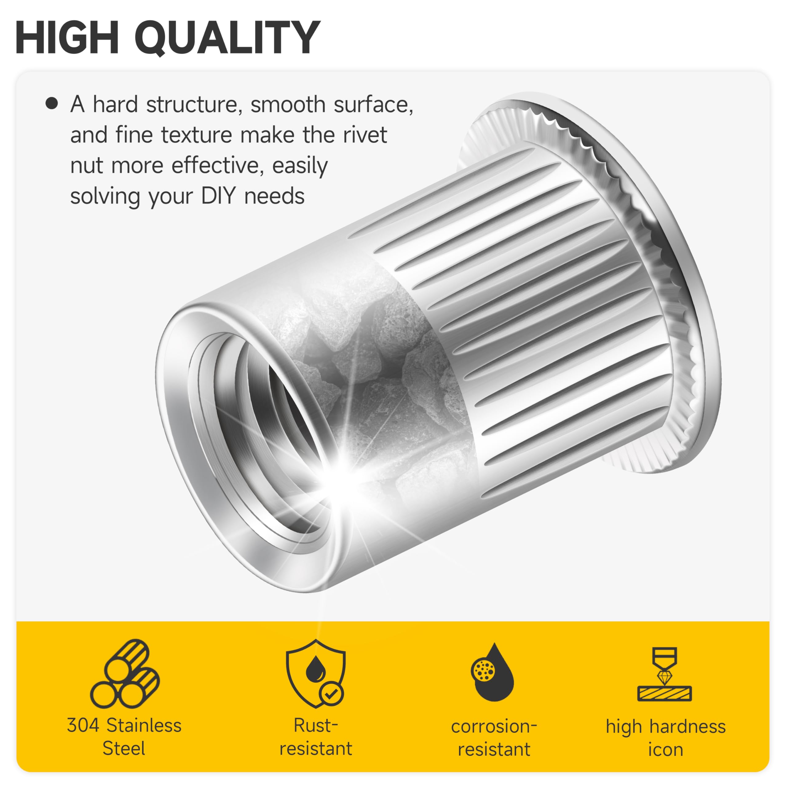 Mywish 100Pcs 1/4-20 Rivet Nuts Hardware Nuts, 304 Stainless Steel Flat Head RIV Nuts, 1/4 20 Nut Threaded Inserts Rivnuts for Wood & Metal, 1/4 UNC Rivnuts Rivets Nutsert