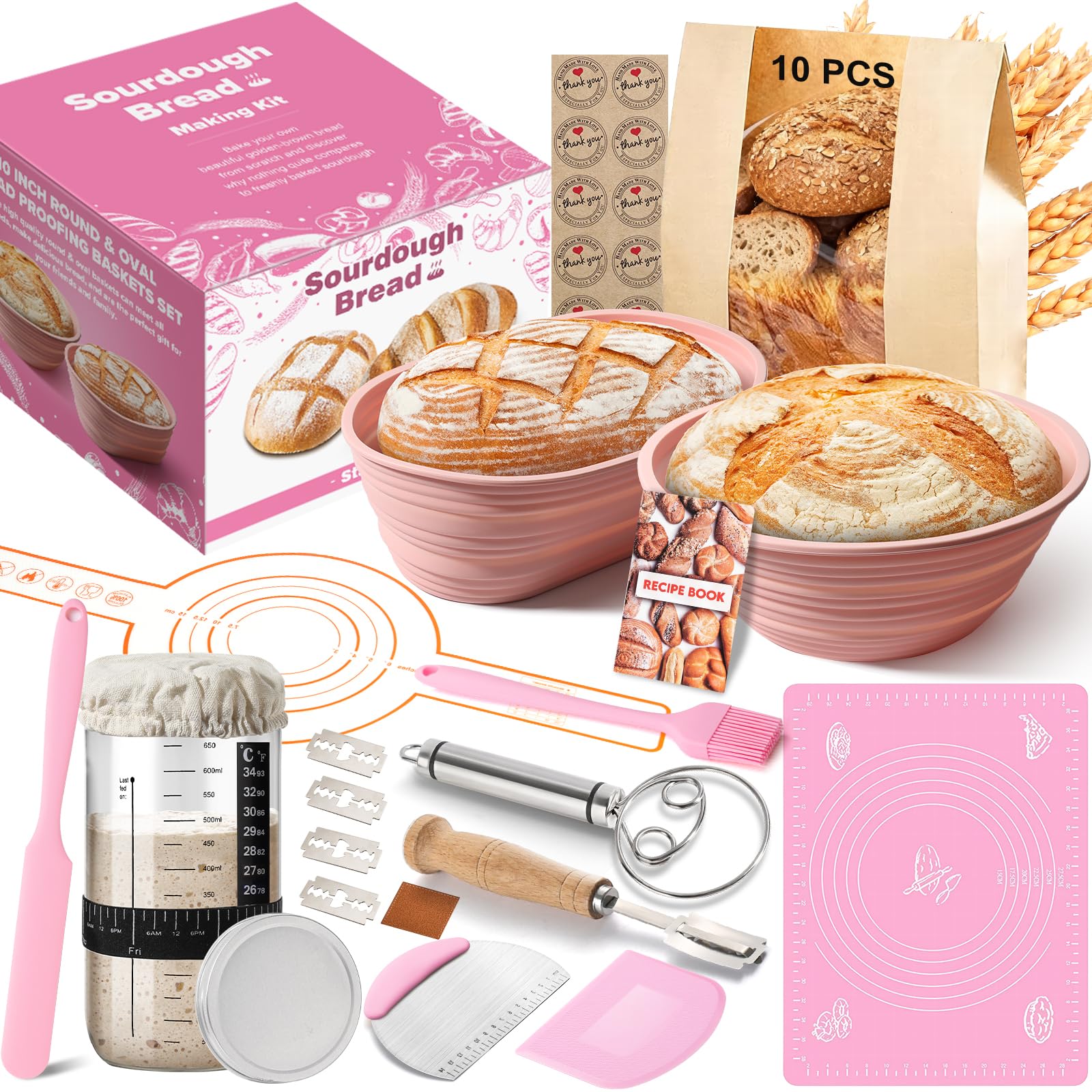 RYTOXILO Sourdough Bread Starter Kit, 15 Pcs Sour Dough Bread Baking Supplies for Beginners with 24 Oz Glass Starter Jar, Complete Bread Making Set with Silicone Banneton Proofing Basket