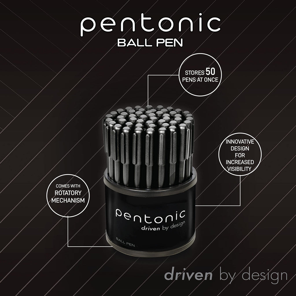 Pentonic Ballpoint Pens in Pen Organizer, 50-Pack, Black Ink, 1.0mm Medium Point, Smooth Writing for Journaling, Office & School, Smear-Resistant Ink, Bulk Pen Set with Holder