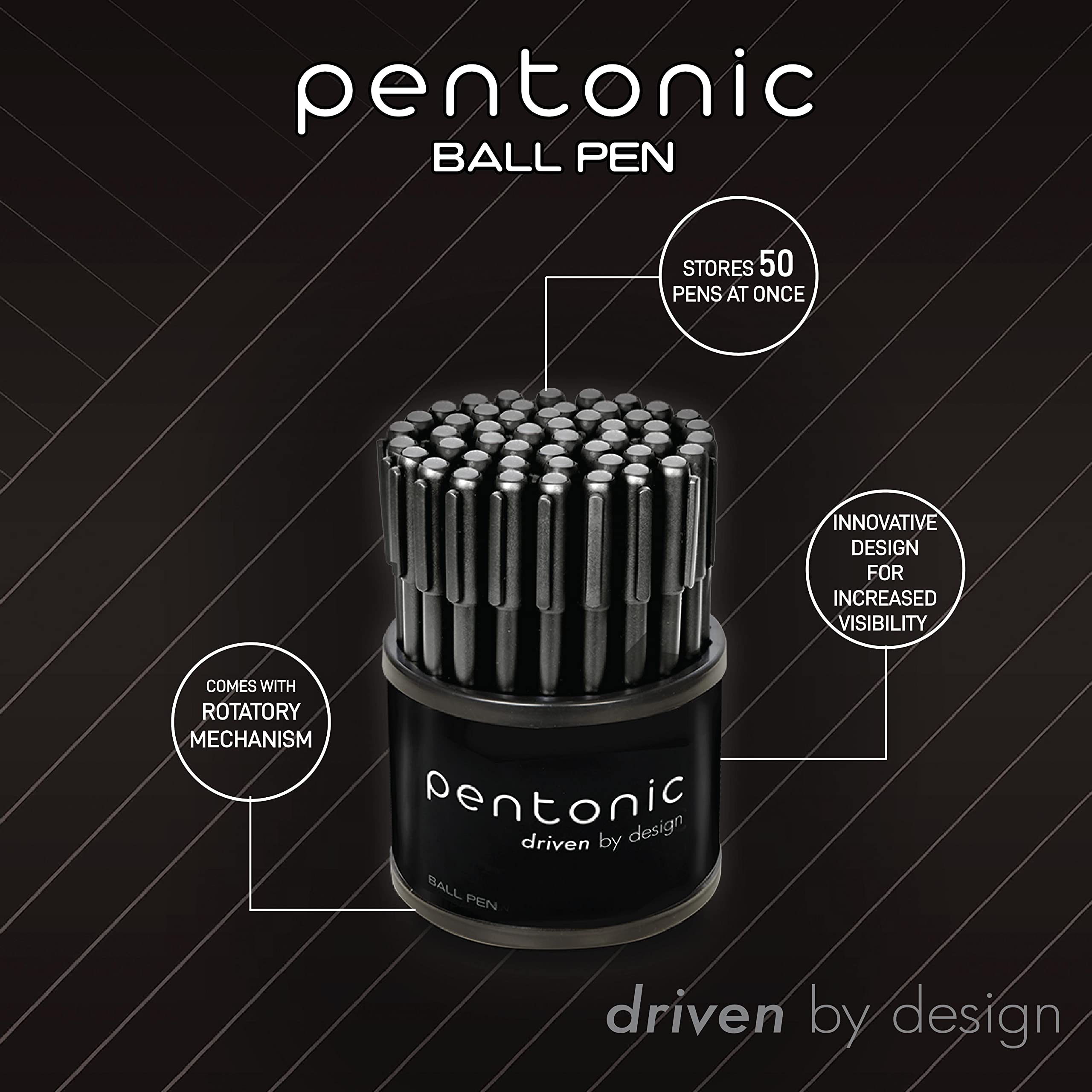 Pentonic Ballpoint Pens in Pen Organizer, 50-Pack, Black Ink, 1.0mm Medium Point, Smooth Writing for Journaling, Office & School, Smear-Resistant Ink, Bulk Pen Set with Holder