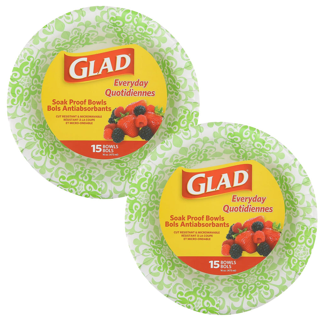 Glad Round Disposable Paper Bowls, Green Victorian Design - Heavy Duty, Soak Proof, Cut-Resistant, Microwavable Bowl for All Foods & Daily Use, 16 Oz, 15 Count - 2 Pack