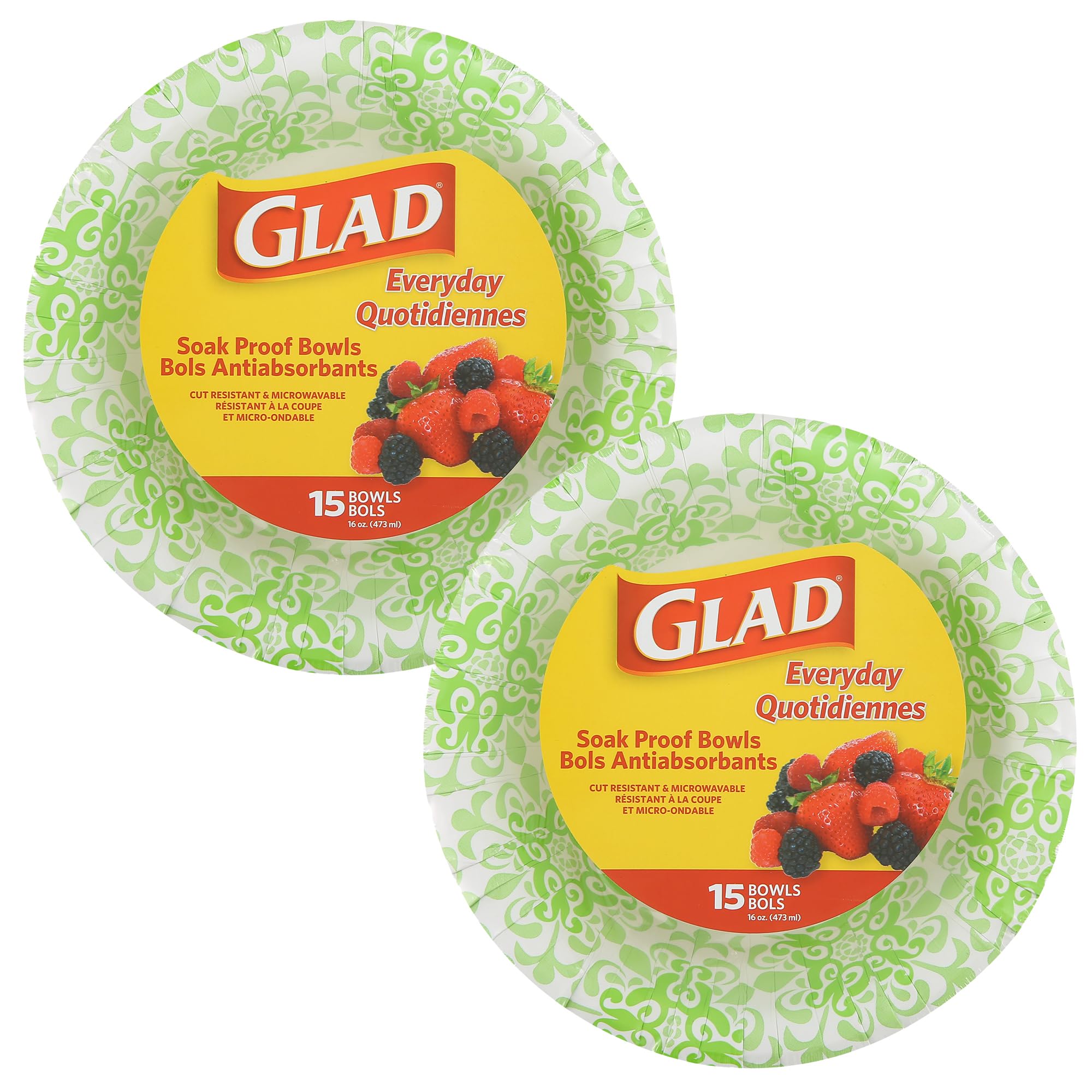 Glad Round Disposable Paper Bowls, Green Victorian Design - Heavy Duty, Soak Proof, Cut-Resistant, Microwavable Bowl for All Foods & Daily Use, 16 Oz, 15 Count - 2 Pack
