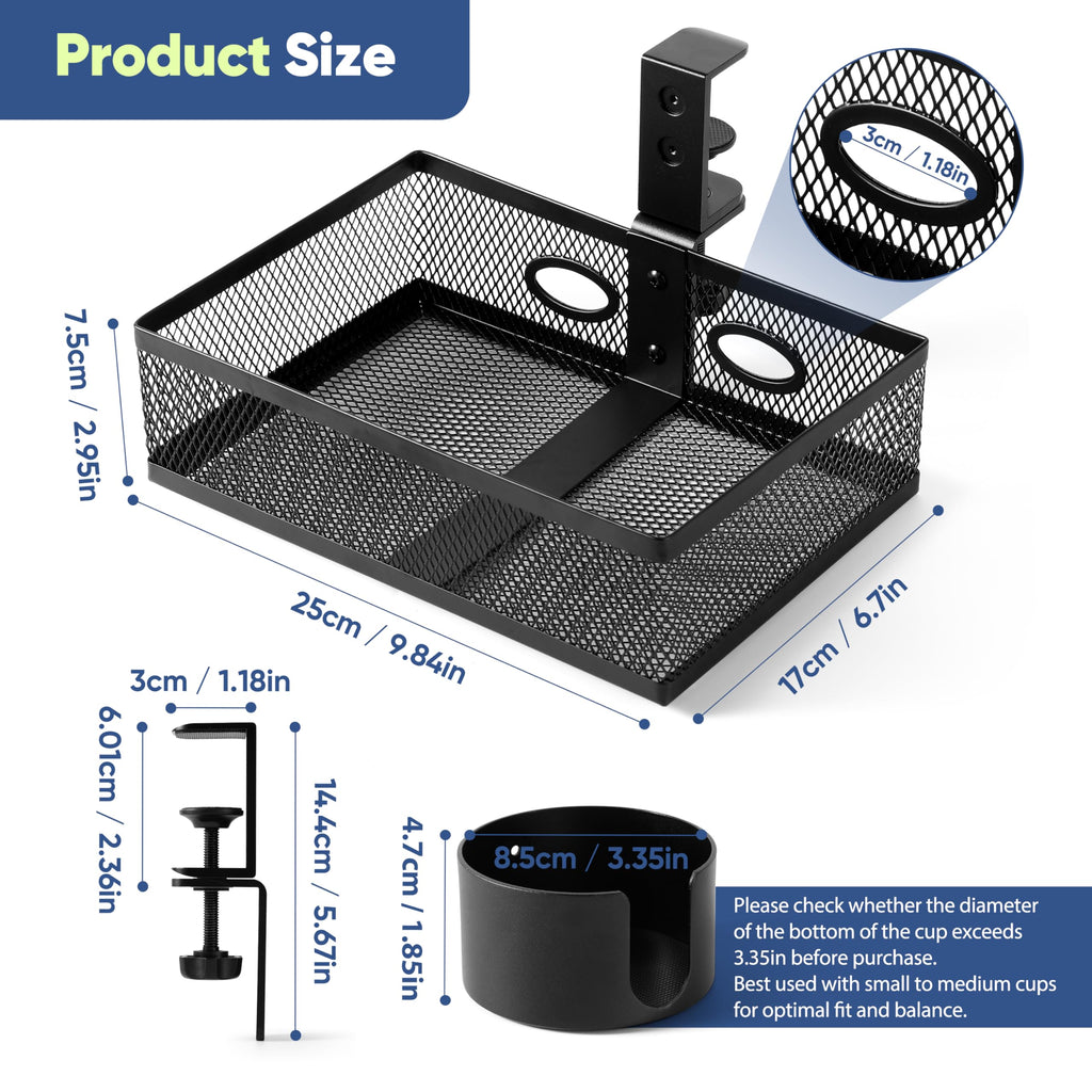 ROLIZOE 360 Rotating Under Desk Drawer Organizer Clamp On Desk Cup Holder No Drilling Swivel Pencil Drawer Under Shelf Storage Anti-slip Mesh Metal Under Table Storage Drawer Basket for Home Office