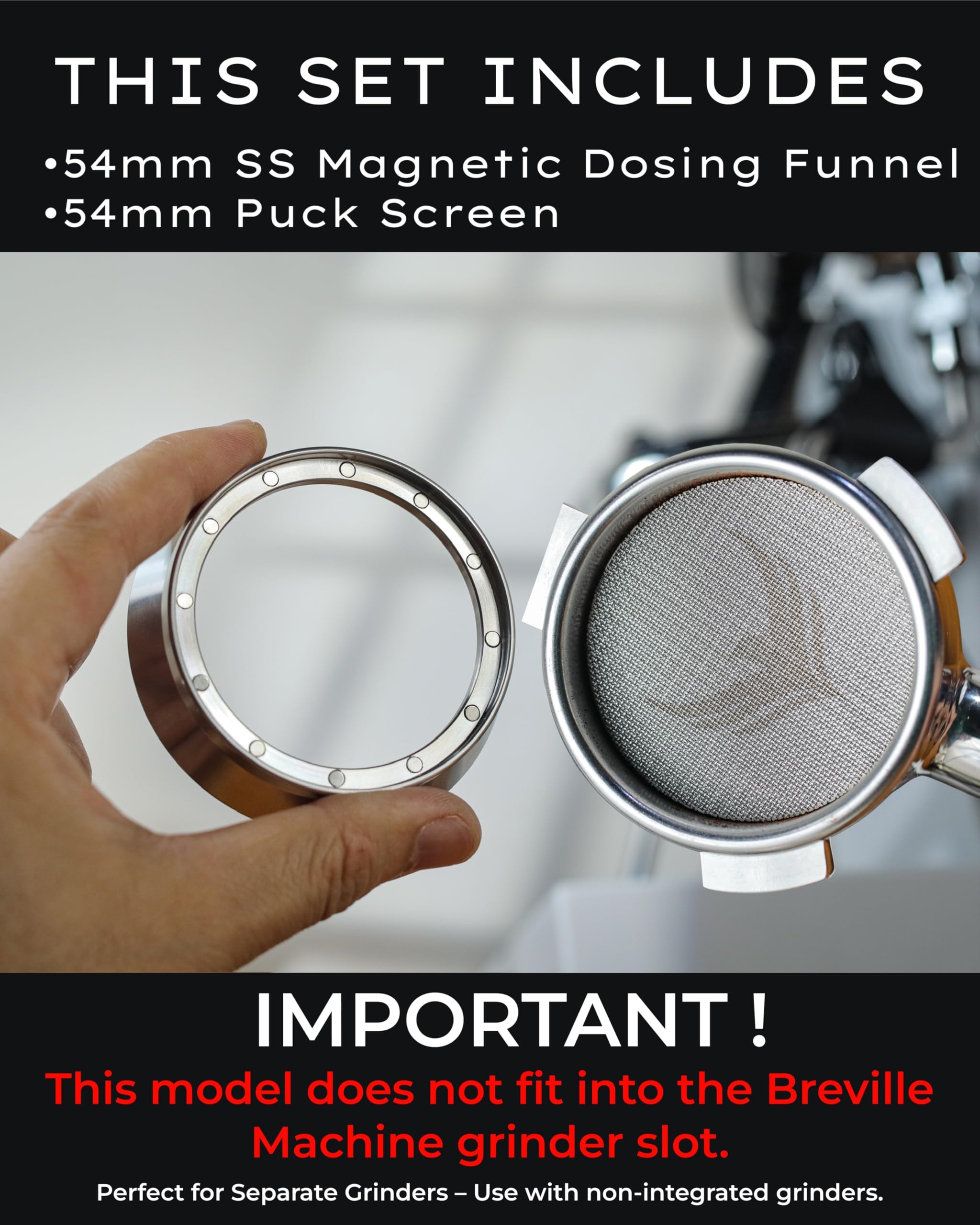 KNODOS 54mm Espresso Dosing Funnel and Puck Screen Set Magnetic Coffee Dosing Ring And Filter for Portafilters Compatible with 54 mm Breville Portafilter Basket Premium Espresso Machine Accessories
