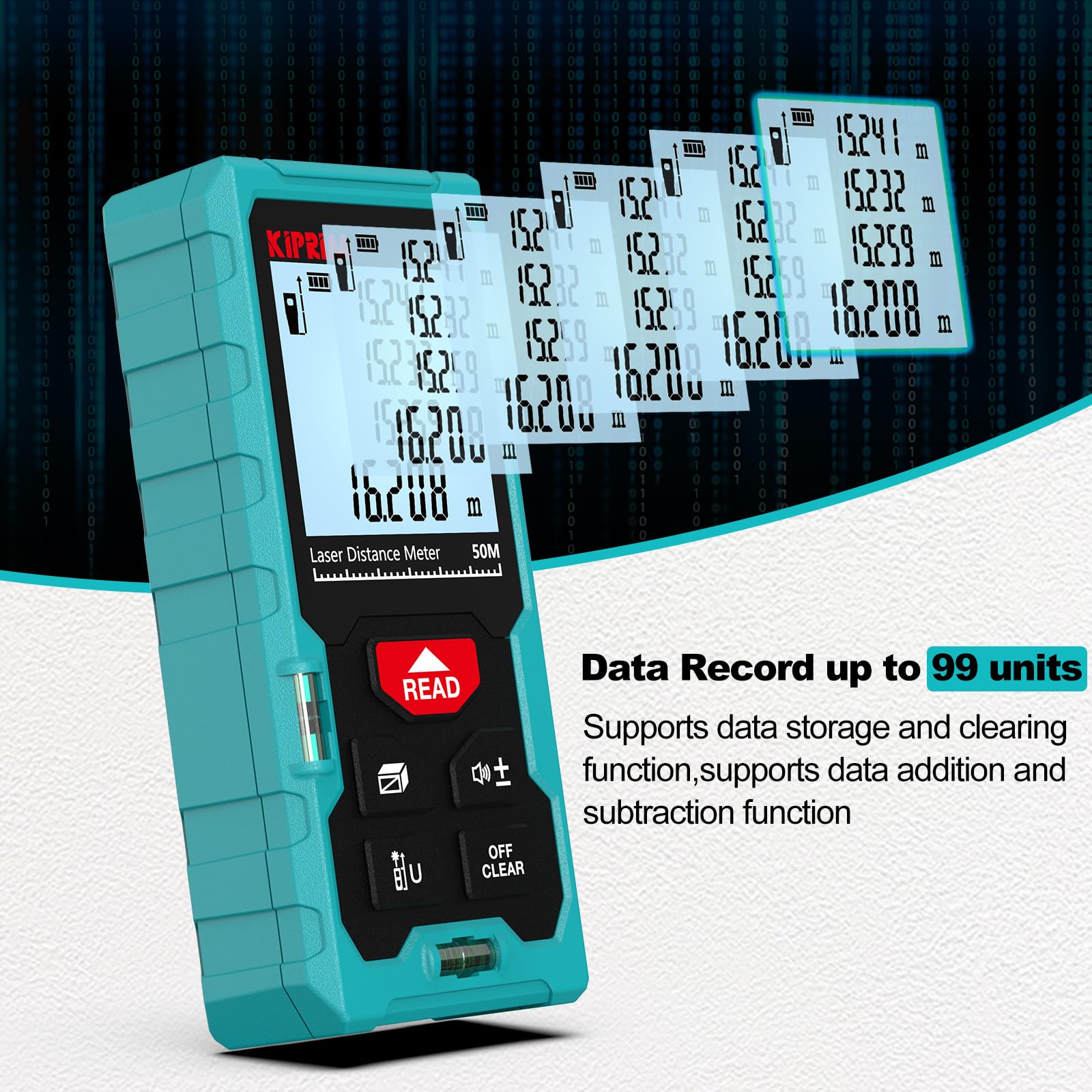 Kiprim Laser Distance Measure High Accuracy 50M LD50E Laser Tape Measure 165ft Compact Laser Measurement Tool with Larger Backlit LCD Display,ft/m/in Switching,Bubble Level