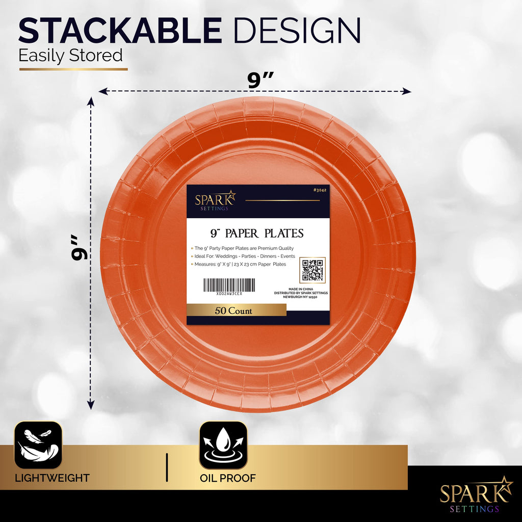 Paper Dinner Plates Orange, 8 1/2 Inches Paper Plates Disposable, Strong and Sturdy Disposable Plates for Party, Dinner, Holiday, Picnic, or Travel Party Plates, Pack of 50 - by Enday