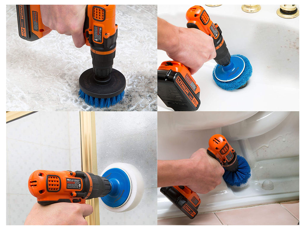 RevoClean 4 Piece Scrub Brush Power Drill Attachments-All Purpose Time Saving Kit-Perfect for Cleaning Grout, Tile, Counter, Shower, Grill, Floor, Kitchen, Blue & White