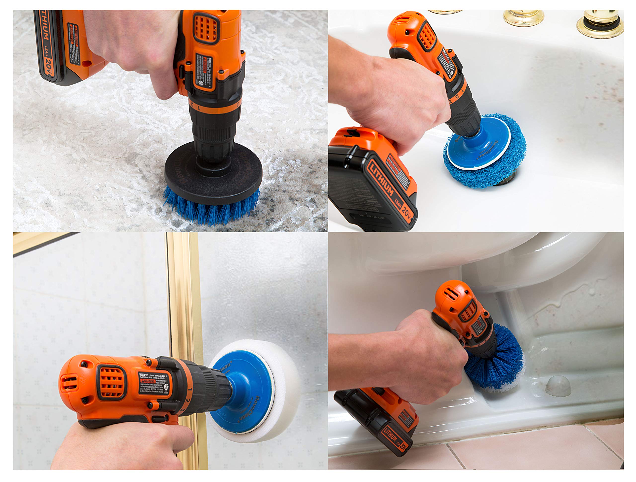 RevoClean 4 Piece Scrub Brush Power Drill Attachments-All Purpose Time Saving Kit-Perfect for Cleaning Grout, Tile, Counter, Shower, Grill, Floor, Kitchen, Blue & White