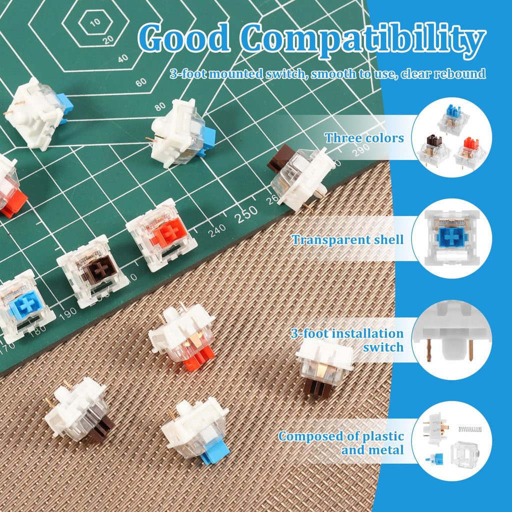 Tzdxfgl 150 PCS Mechanical Keyboard Switches, 3 PIN Blue Red Brown Tactile Switches, Dustproof Clicky Switch, Keyboard Clicker Keys Replacement for Mechanical Gaming Keyboards and Typing