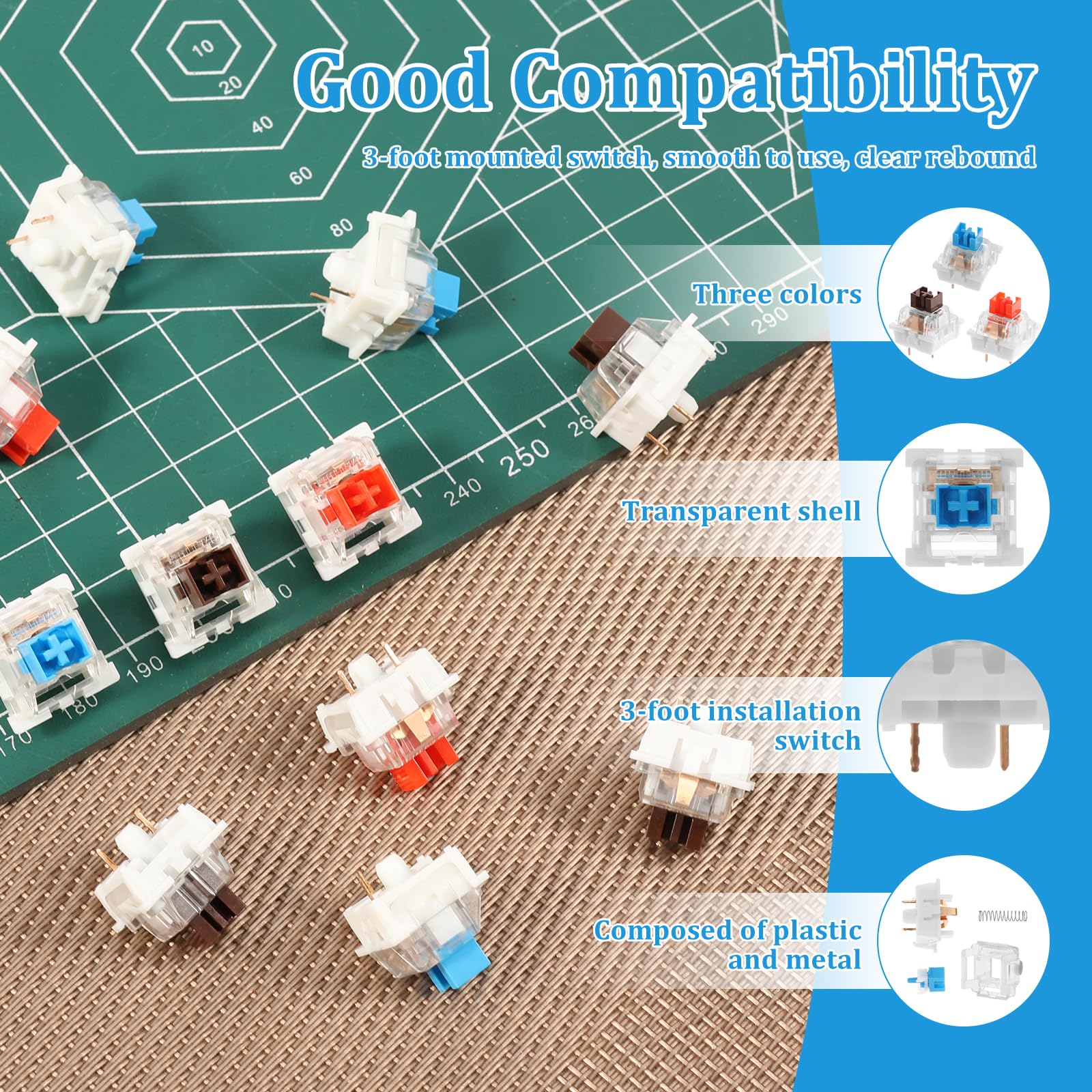Tzdxfgl 150 PCS Mechanical Keyboard Switches, 3 PIN Blue Red Brown Tactile Switches, Dustproof Clicky Switch, Keyboard Clicker Keys Replacement for Mechanical Gaming Keyboards and Typing
