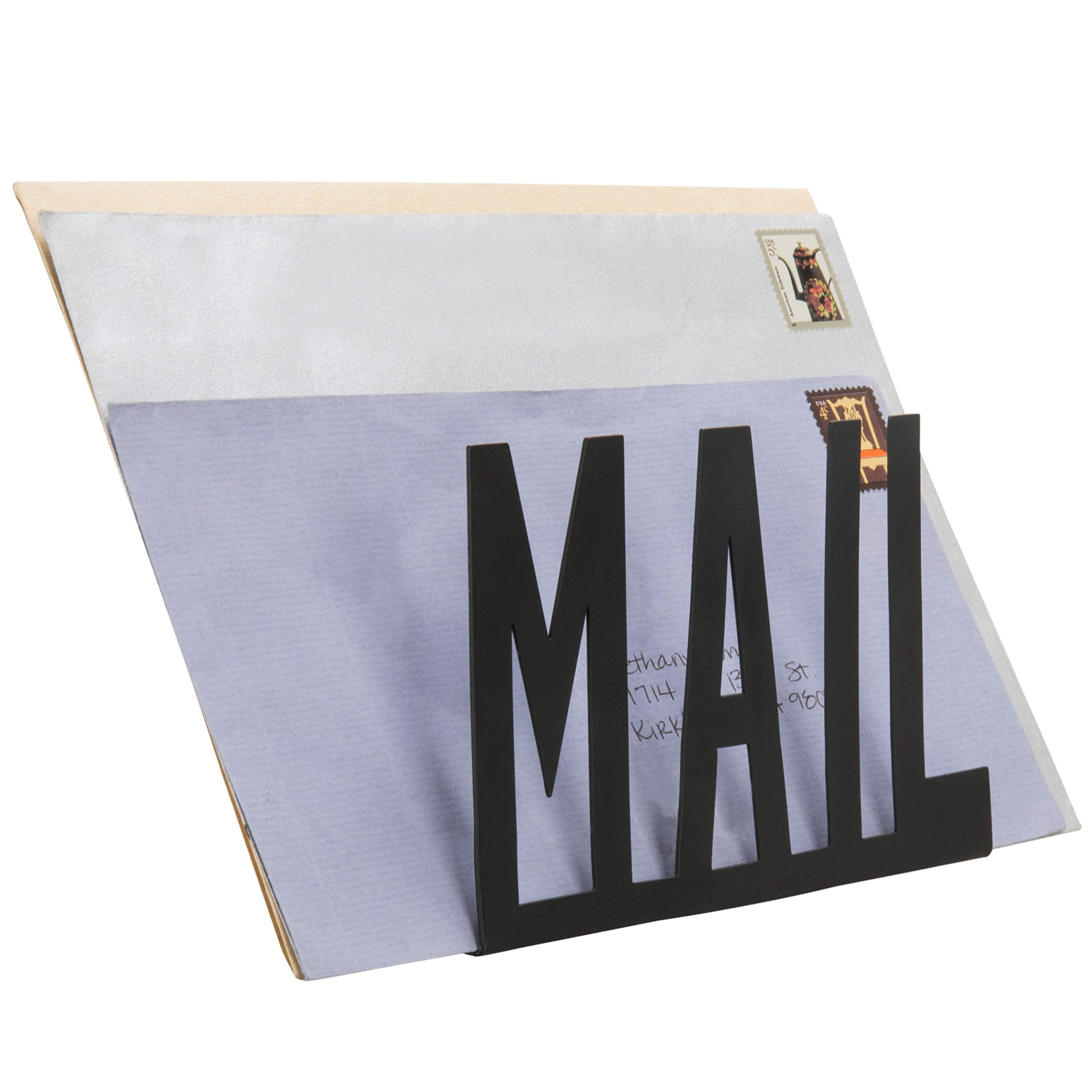 MyGift Modern Black Metal Mail Holder Countertop Organizer with Cutout Mail Lettering Design, Office Desktop Envelope and Document Storage Rack
