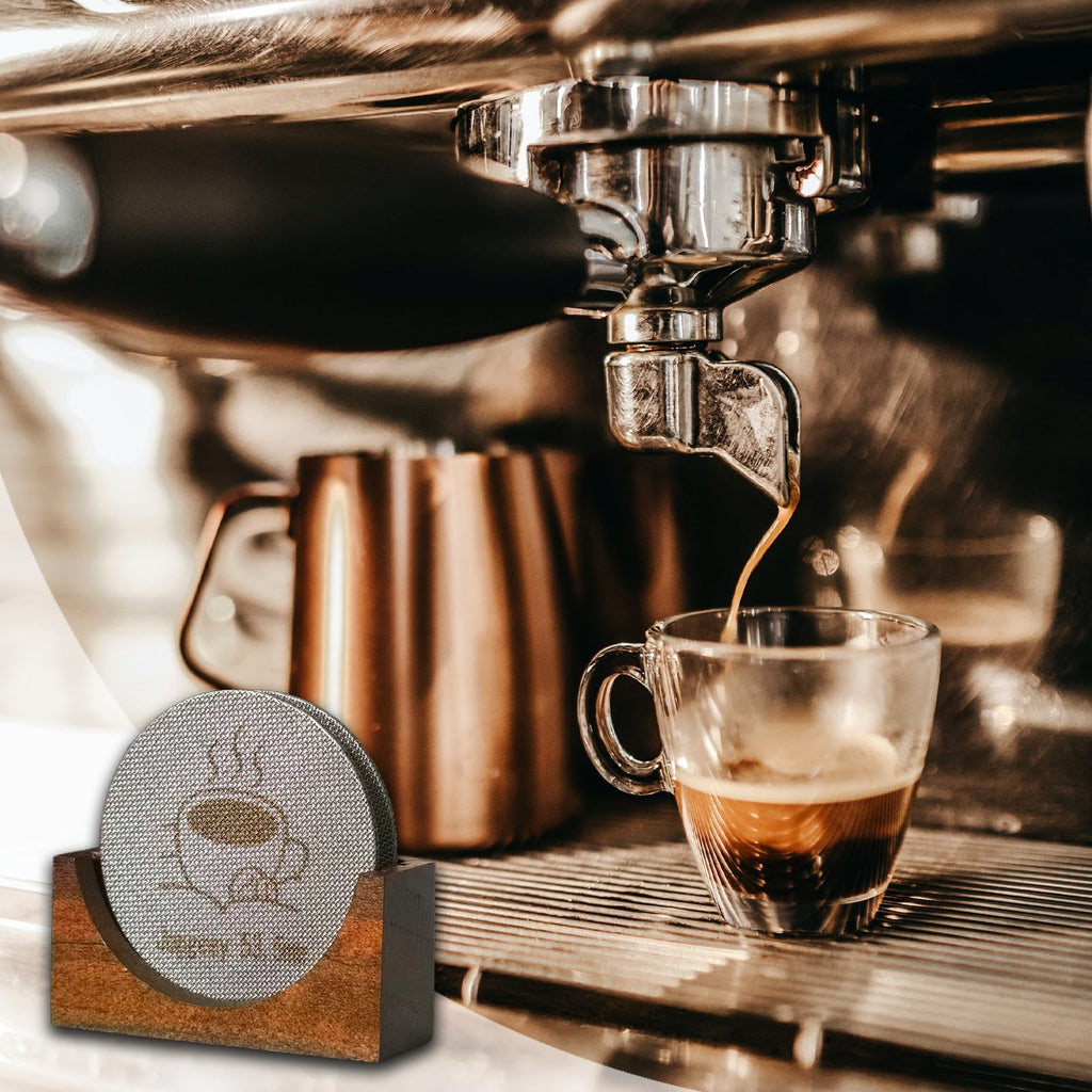 2 Packs 53.5mm Espresso Puck Screen with Stand, Reusable Coffee Filters Compatible with Breville Barista 54mm Portafilter Basket, 1.7mm Thickness 150μm 316 Stainless Steel Espresso Machine Accessories