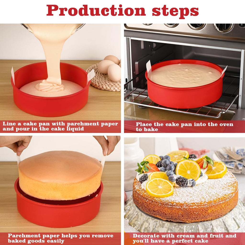 HUAKENER 10 Inch Round Cake Pan, 3 Pack Silicone Cake Molds with 100 Pieces Parchment Paper, Nonstick Cake Molds for Birthday Cakes, Layer Cakes, Cheese Caks, Chocolate Cakes
