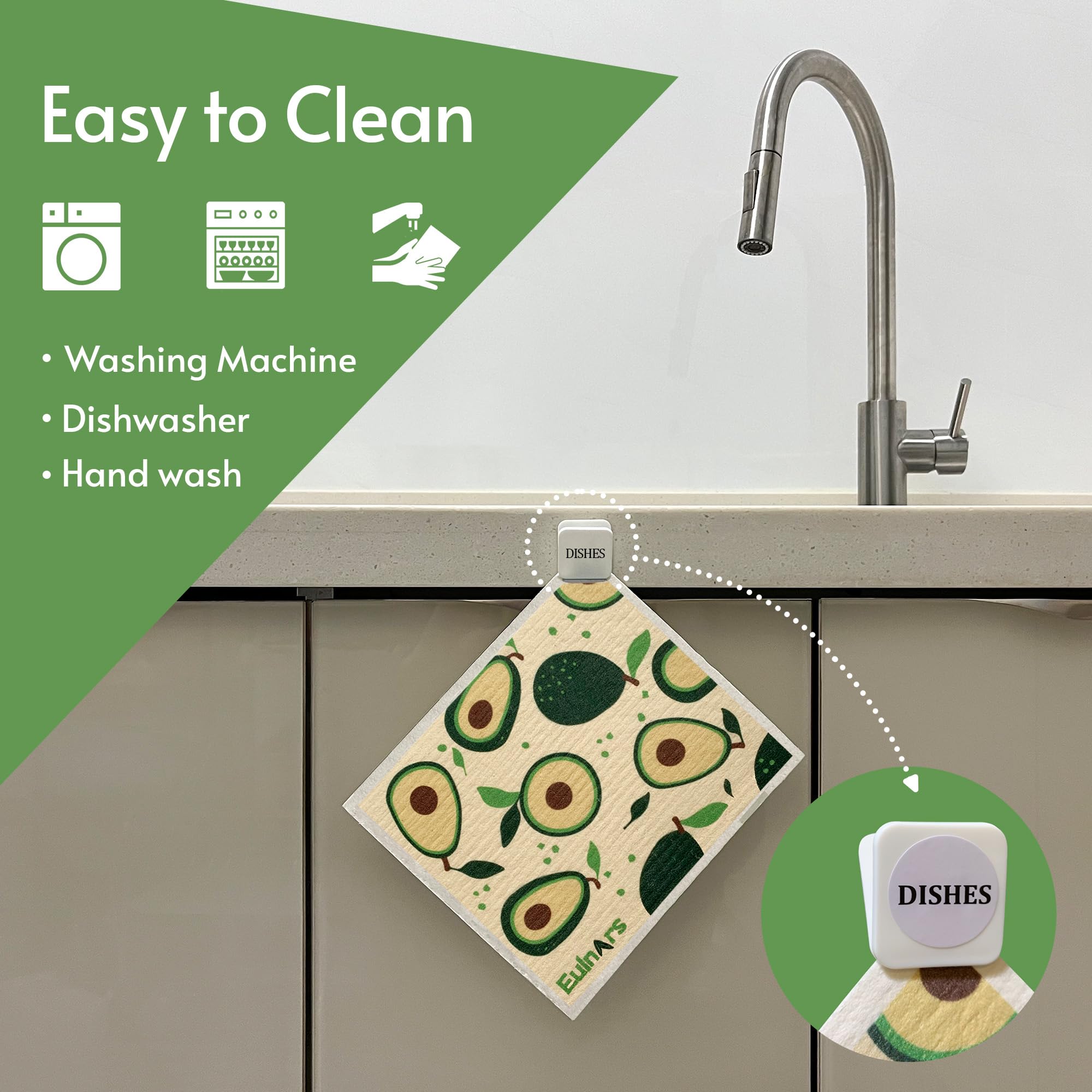 Eulnars Swedish Dish Cloth, 8-Pack Reusable Paper Towels, Swedish Dish Cloth with 3 Clips, 9 Classified Labels, Quick Drying Washable Dish Cloths, Super Absorbent Kitchen Towels, Odorless