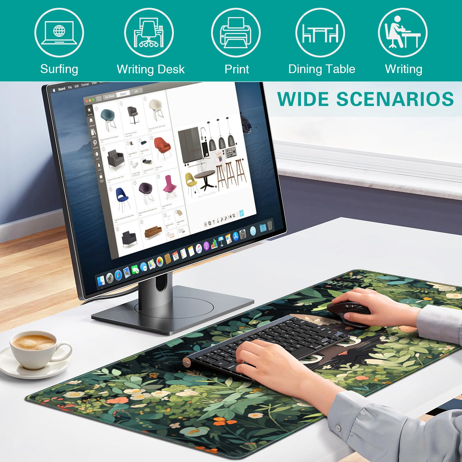 Anime Cat Mouse Pad Green Desk Mat, Kawaii XXL Large Mouse Pad Keyboard with Stitched Edges Non-Slip, 35.4×15.7in Mousepad Mat for Desktop Computer Laptop Office Women Decor Game Funny